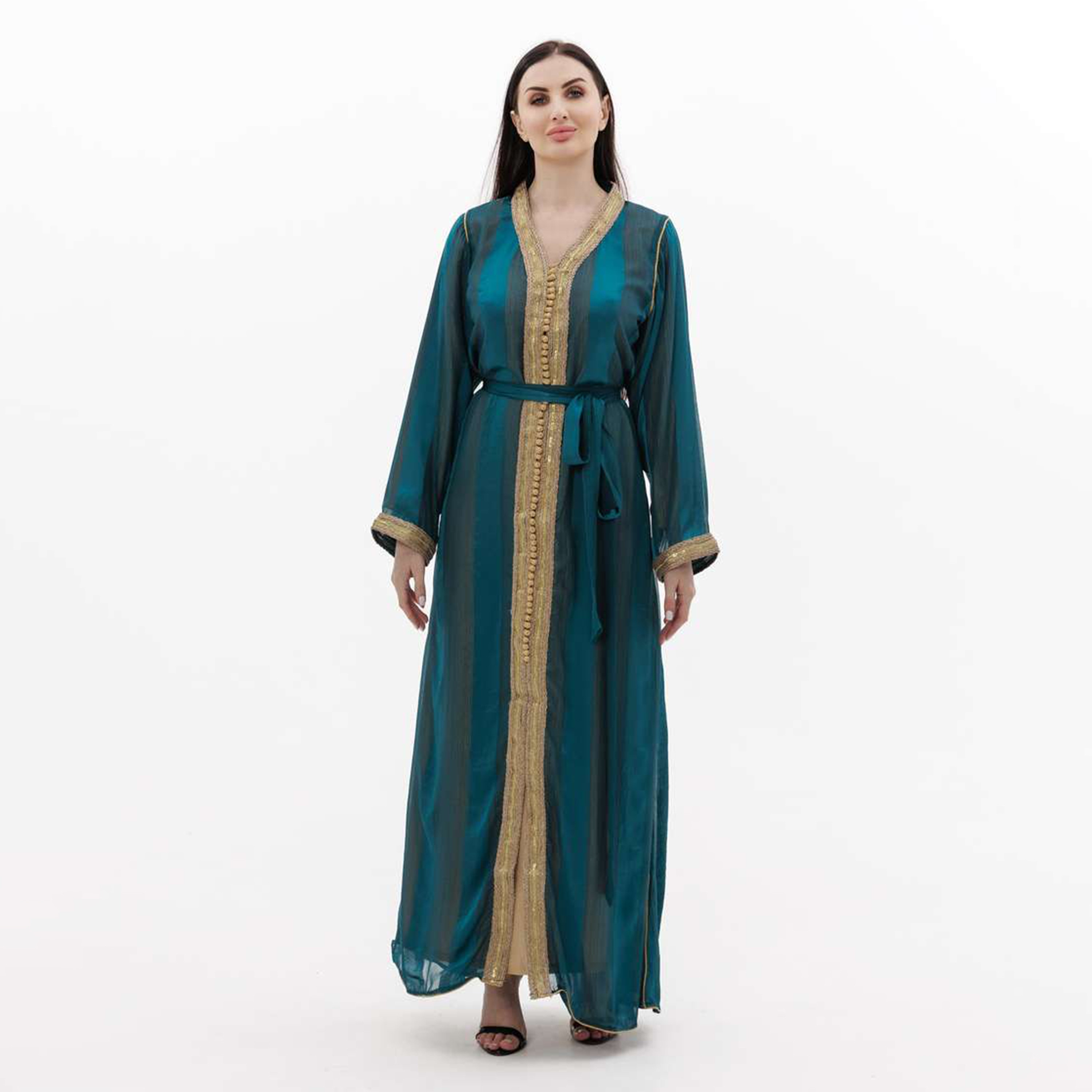 Hana & Sara Teal Embellished Women's Jalabiya-women-arabicclothing-jalabiyas-image-1
