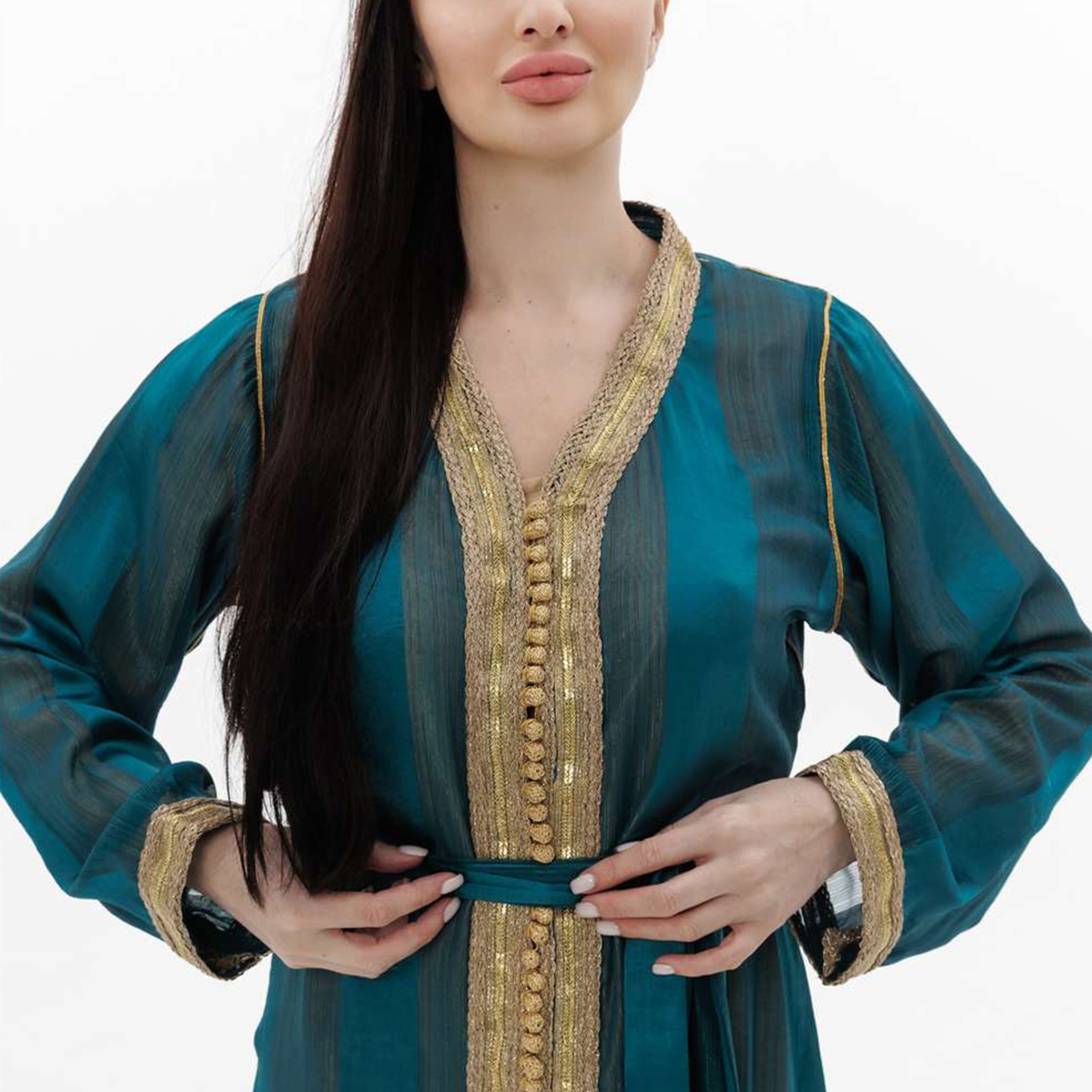 Hana & Sara Teal Embellished Women's Jalabiya-women-arabicclothing-jalabiyas-image-2