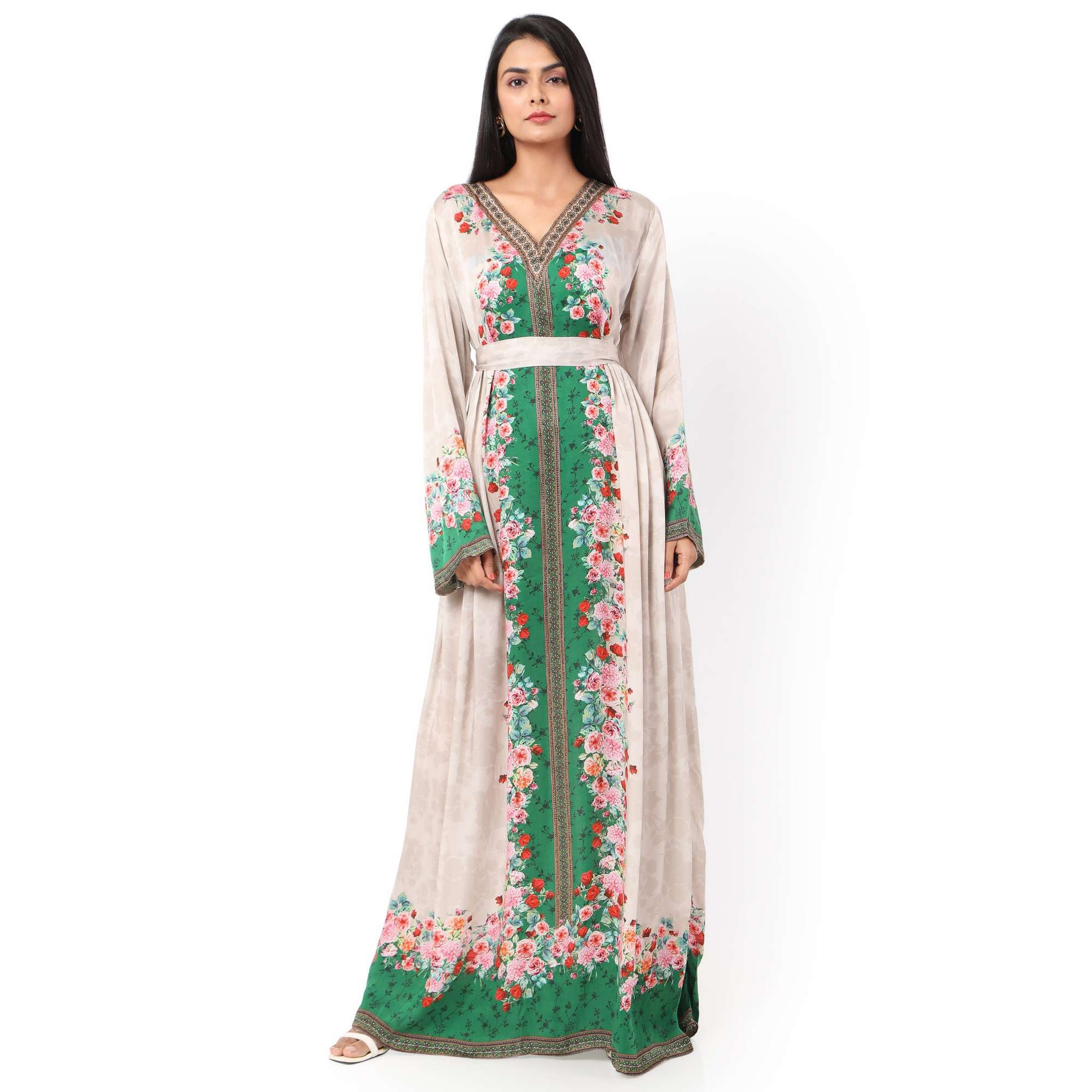 هناء وسارة جلابية نسائية بيج بطبعة زهور-women-arabicclothing-jalabiyas-image-1