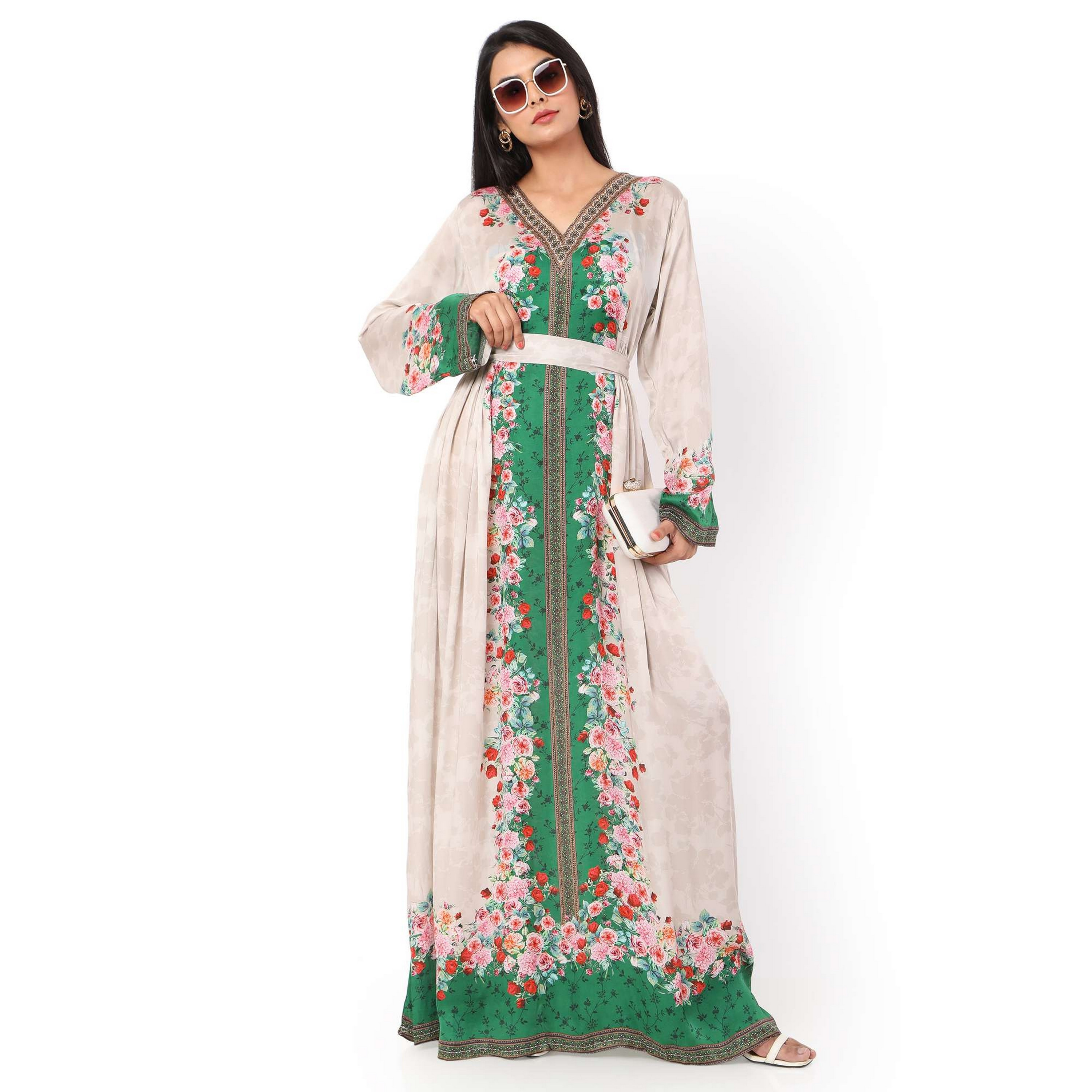 هناء وسارة جلابية نسائية بيج بطبعة زهور-women-arabicclothing-jalabiyas-image-3