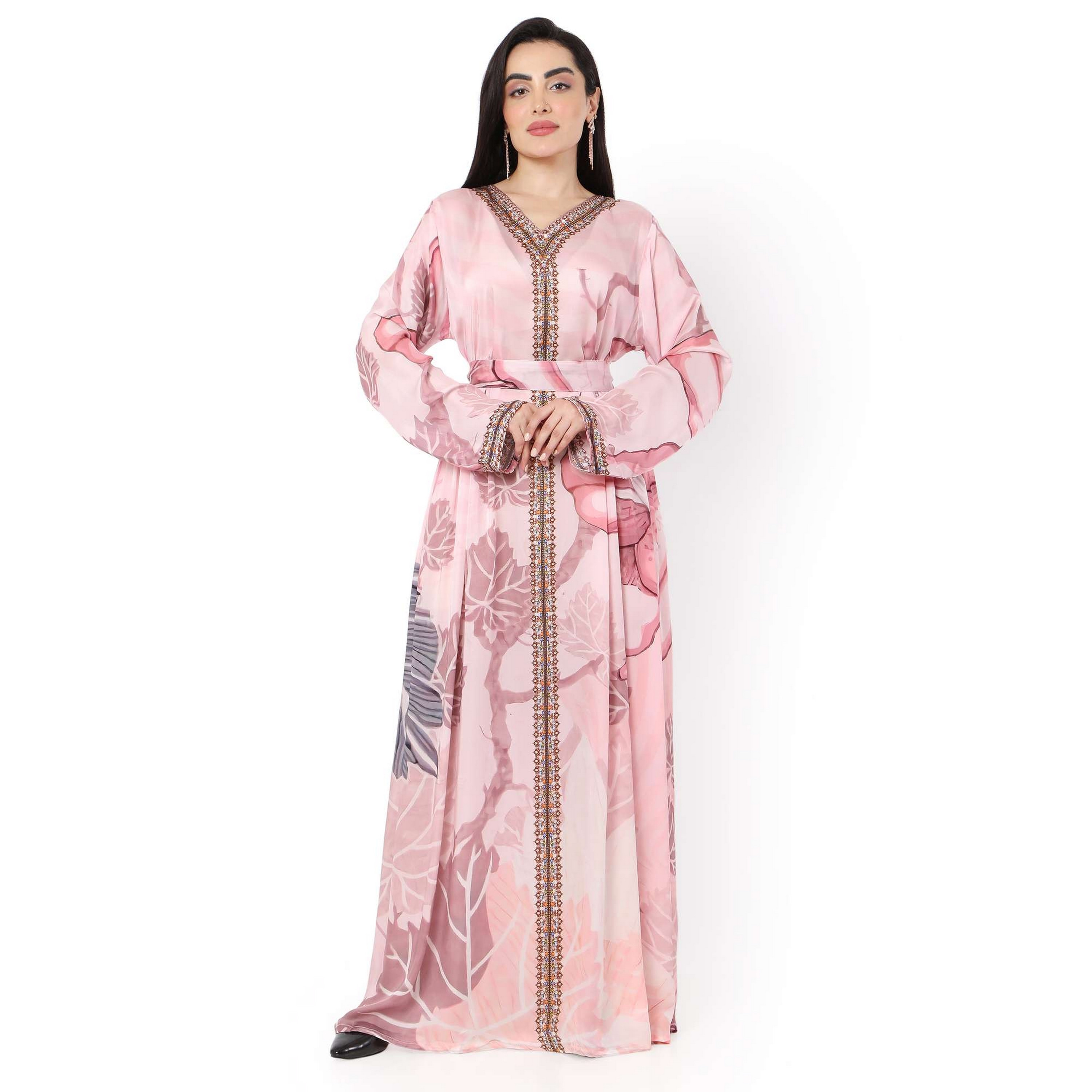 Hana & Sara Pink Printed Women's Jalabiya-women-arabicclothing-jalabiyas-image-1