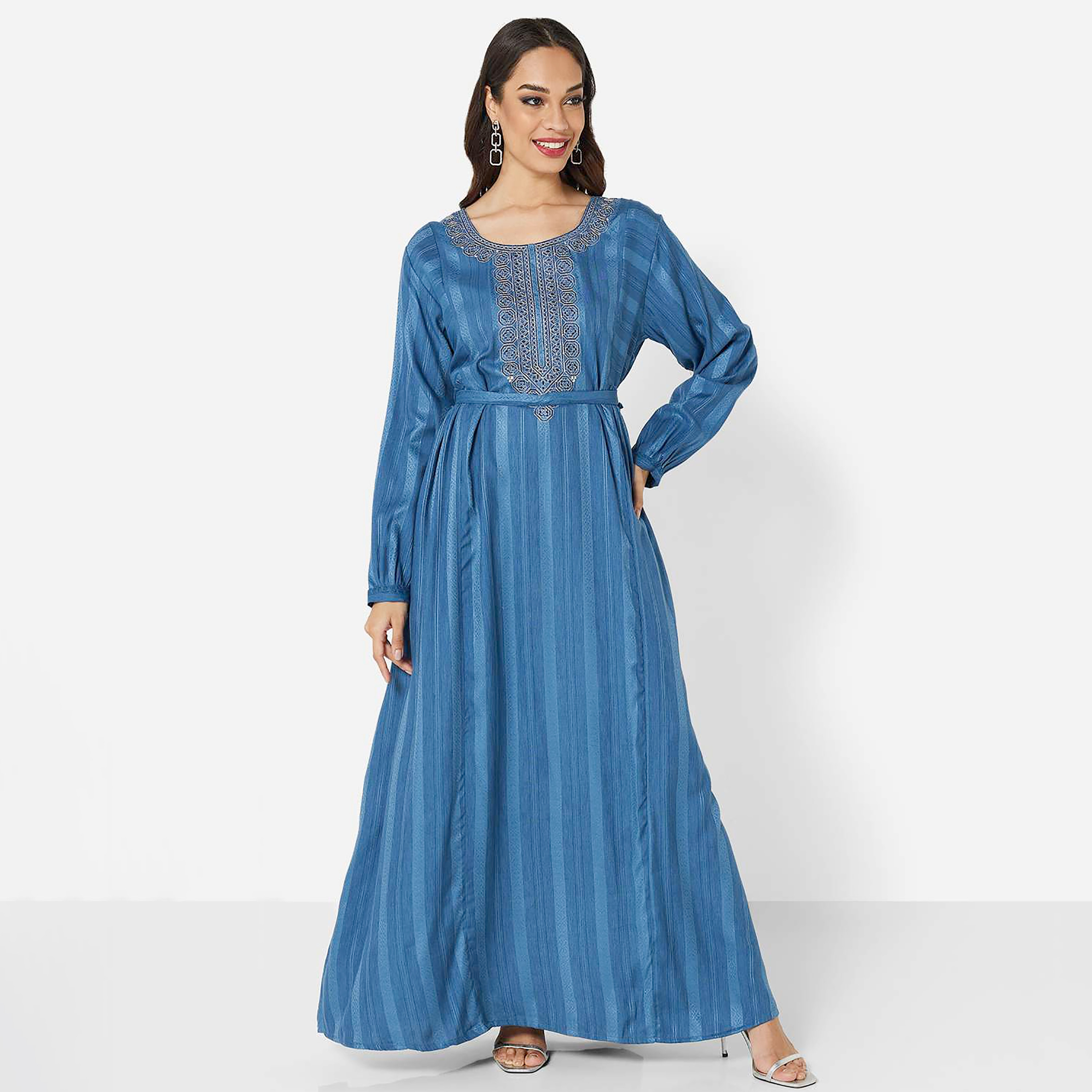 Hana & Sara Blue Embroidered Women's Jalabiya-women-arabicclothing-jalabiyas-image-1