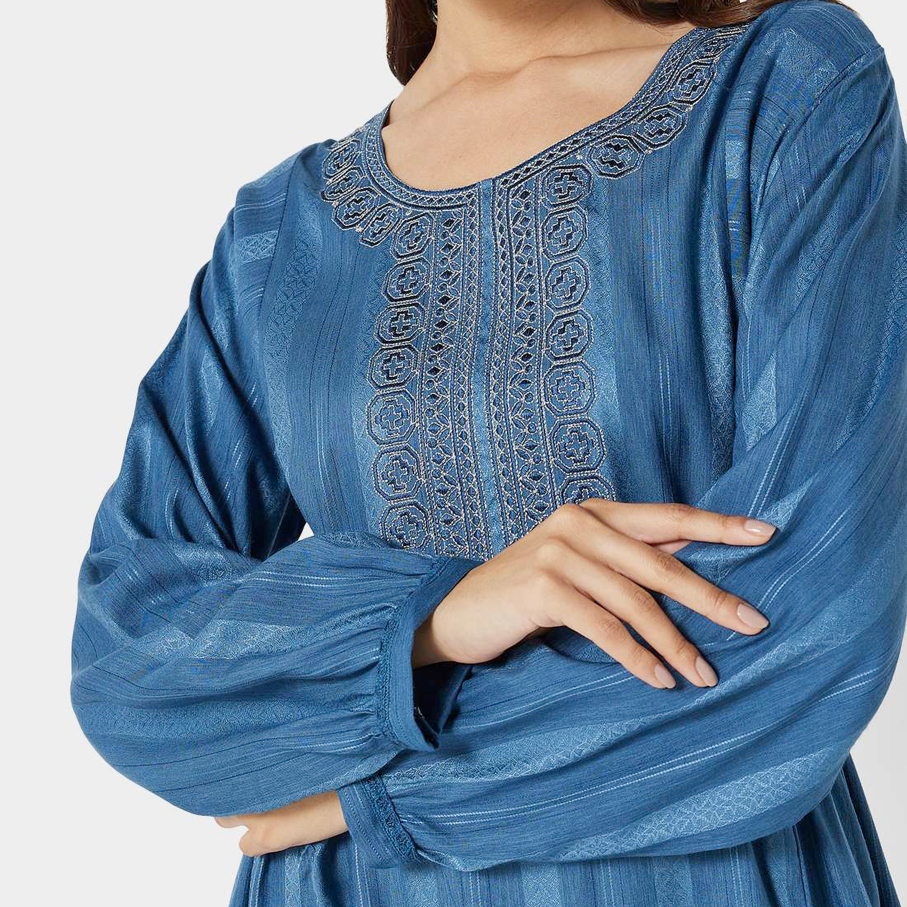 Hana & Sara Blue Embroidered Women's Jalabiya-women-arabicclothing-jalabiyas-image-2