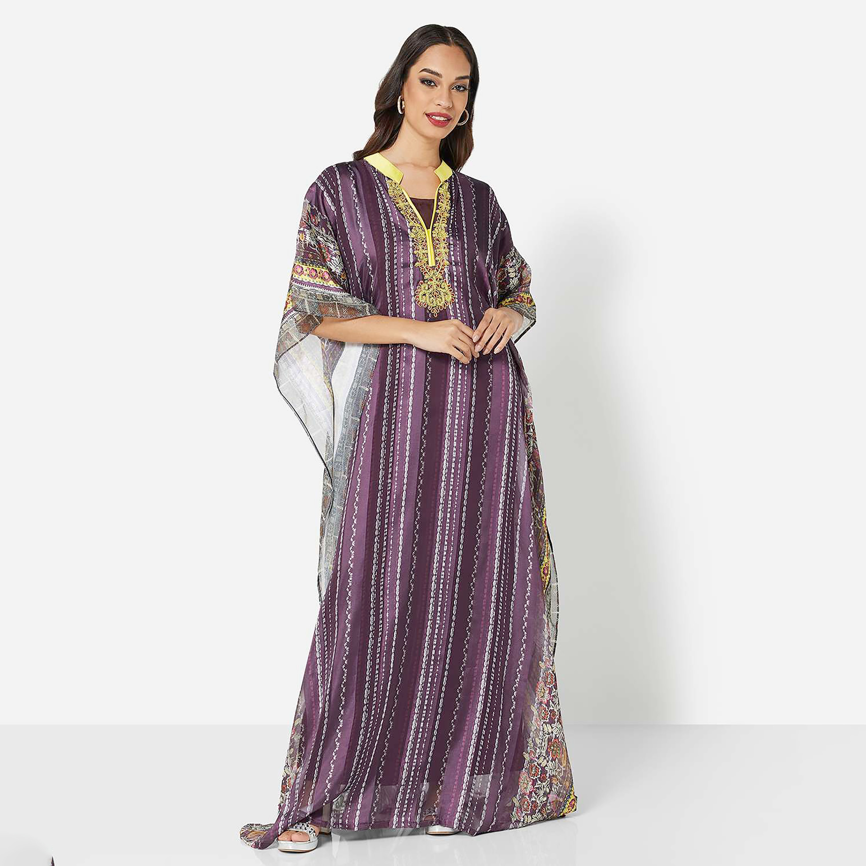 Hana & Sara Purple Embellished Collared Neck Flared Sleeves Party Women's Jalabiya-women-arabicclothing-jalabiyas-image-1