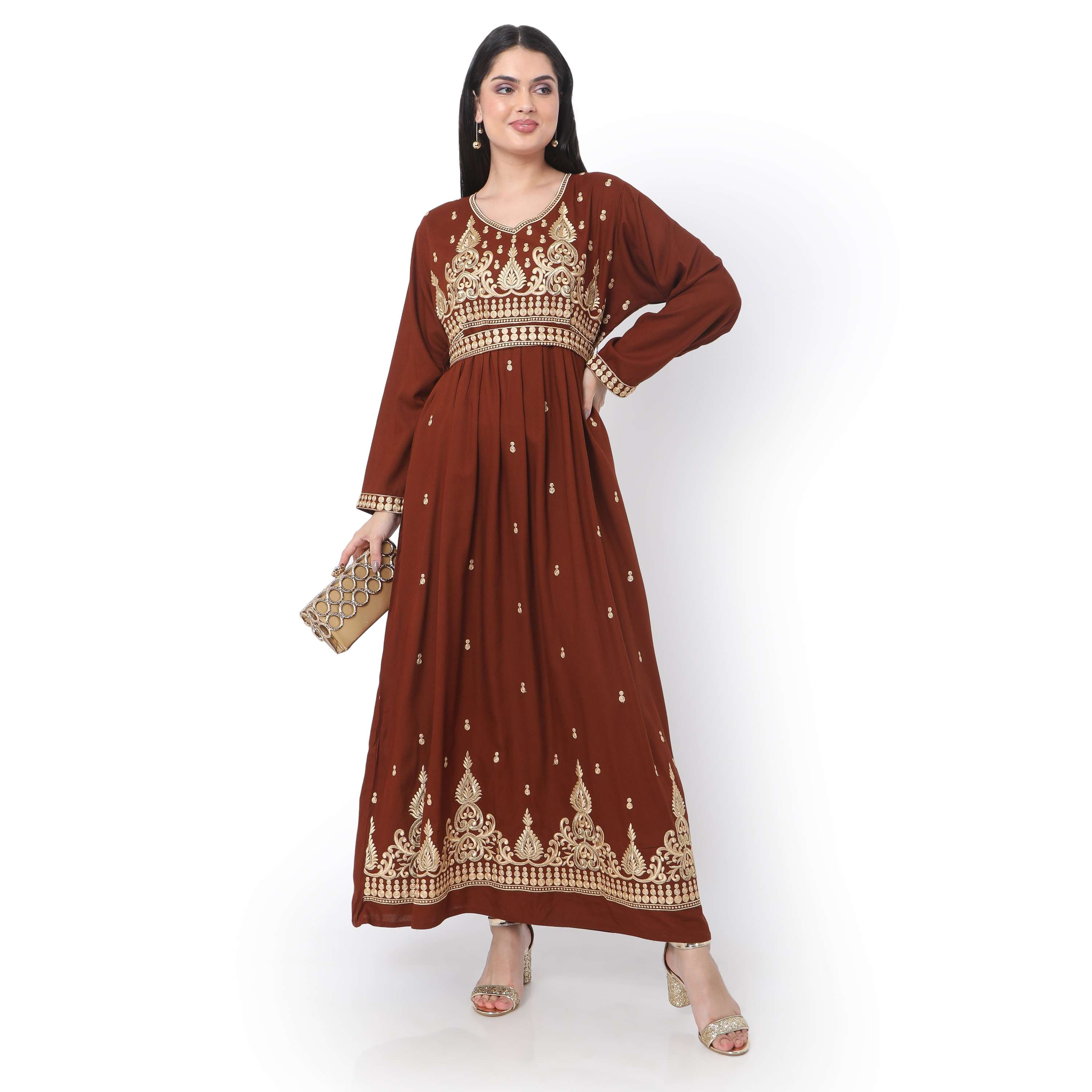 Hana & Sara Brown Embroidered Women's Jalabiya-women-arabicclothing-jalabiyas-image-1
