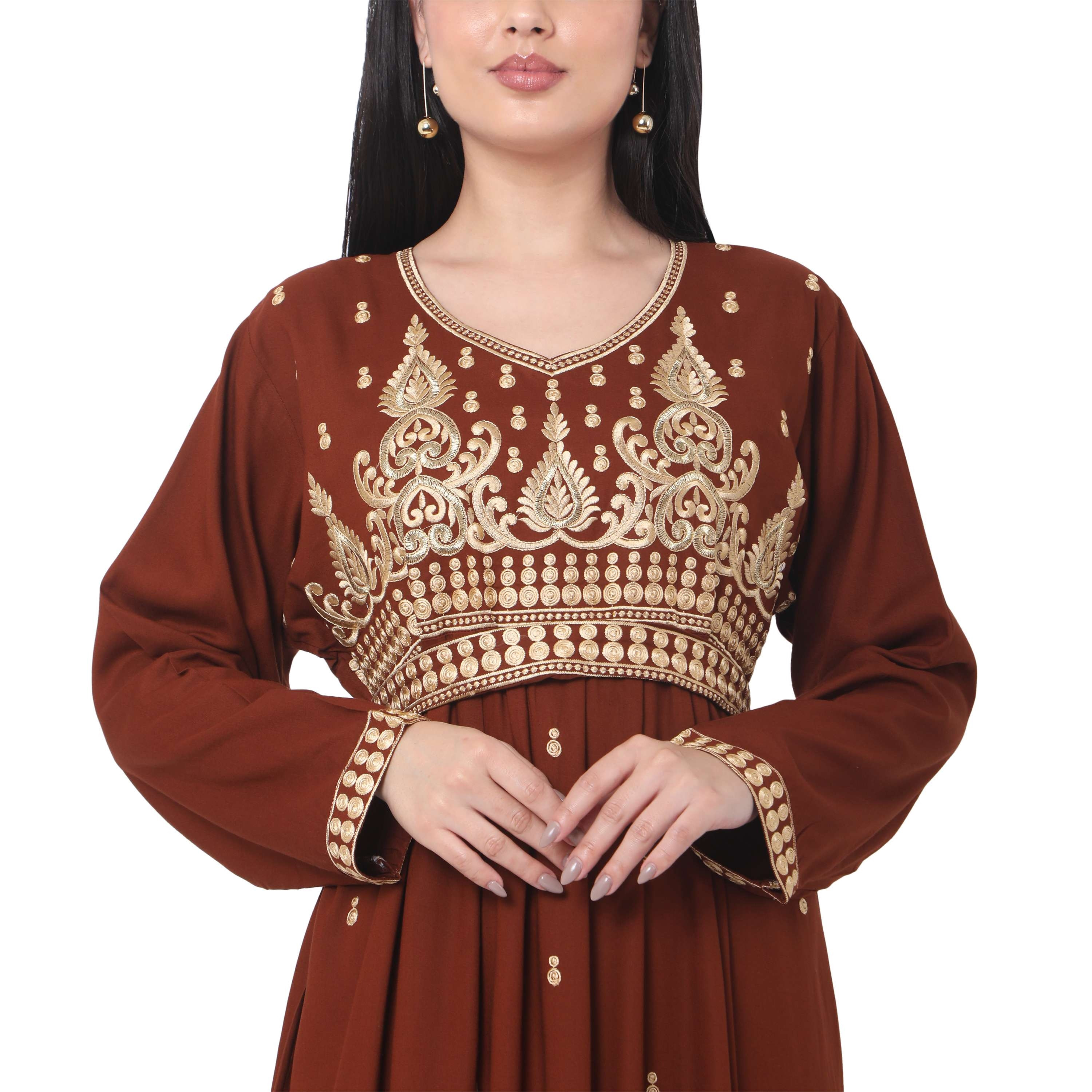 Hana & Sara Brown Embroidered Women's Jalabiya-women-arabicclothing-jalabiyas-image-2