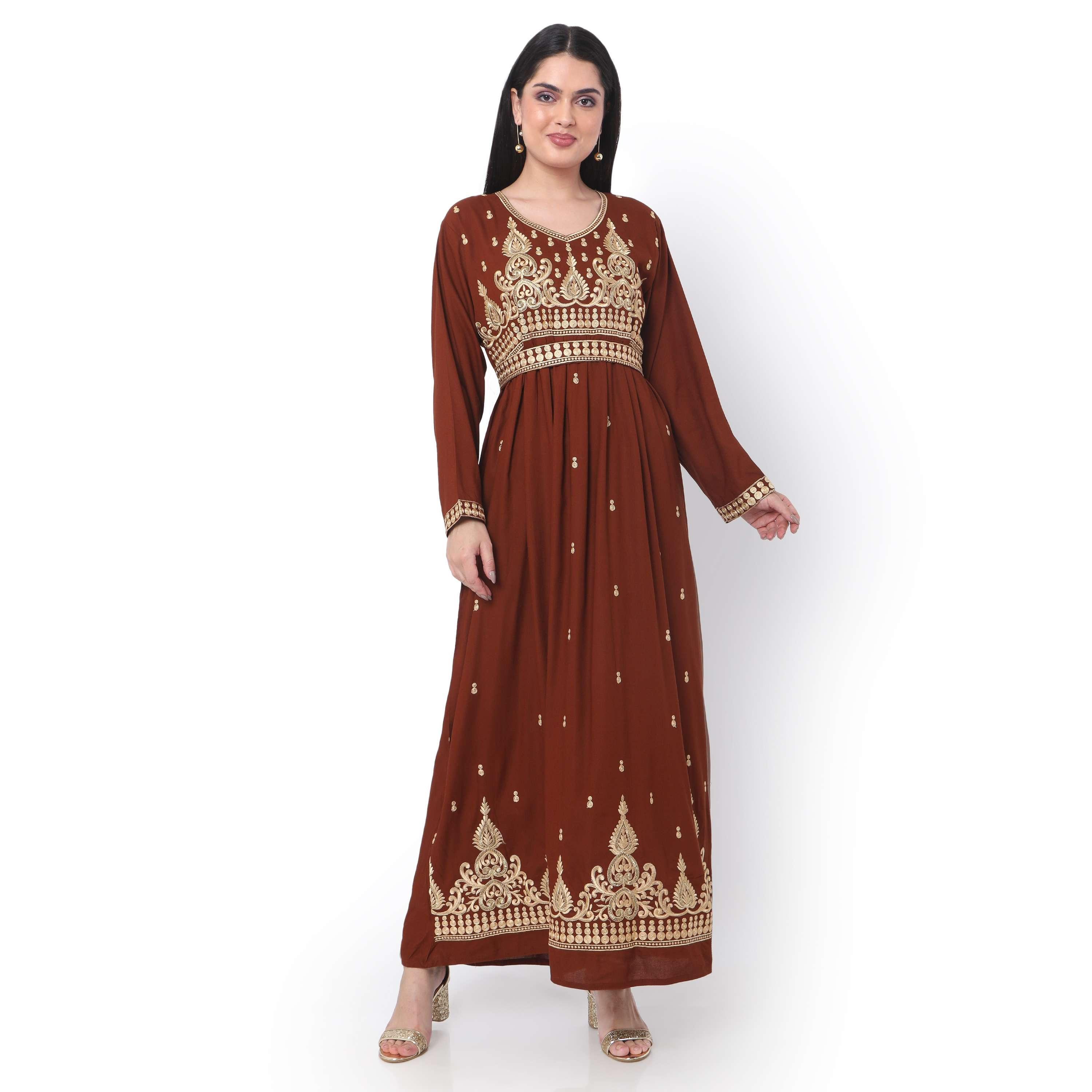 Hana & Sara Brown Embroidered Women's Jalabiya-women-arabicclothing-jalabiyas-image-3