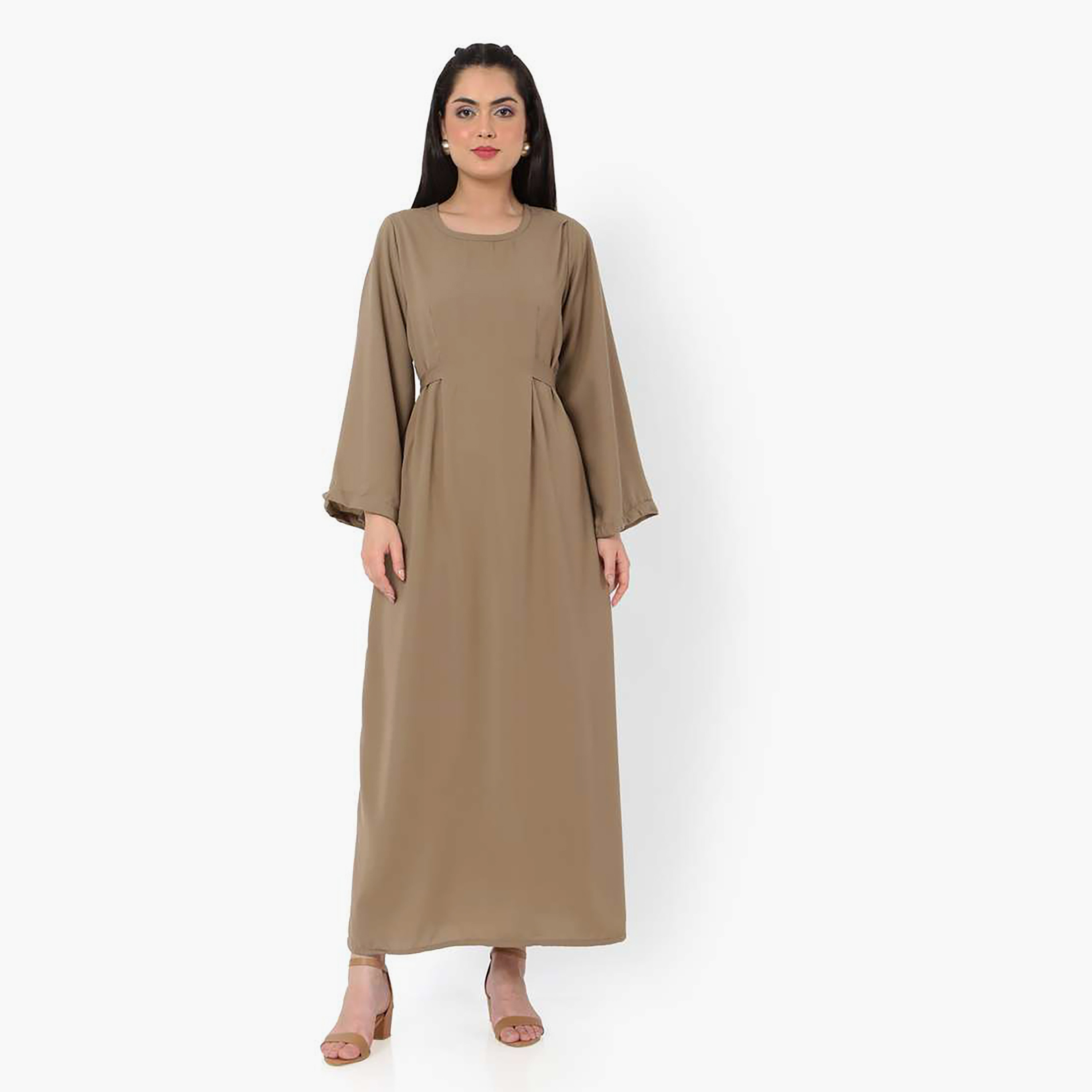Hana & Sara Brown Plain Flared Sleeves Women's Jalabiya with Hijab-women-arabicclothing-jalabiyas-image-3