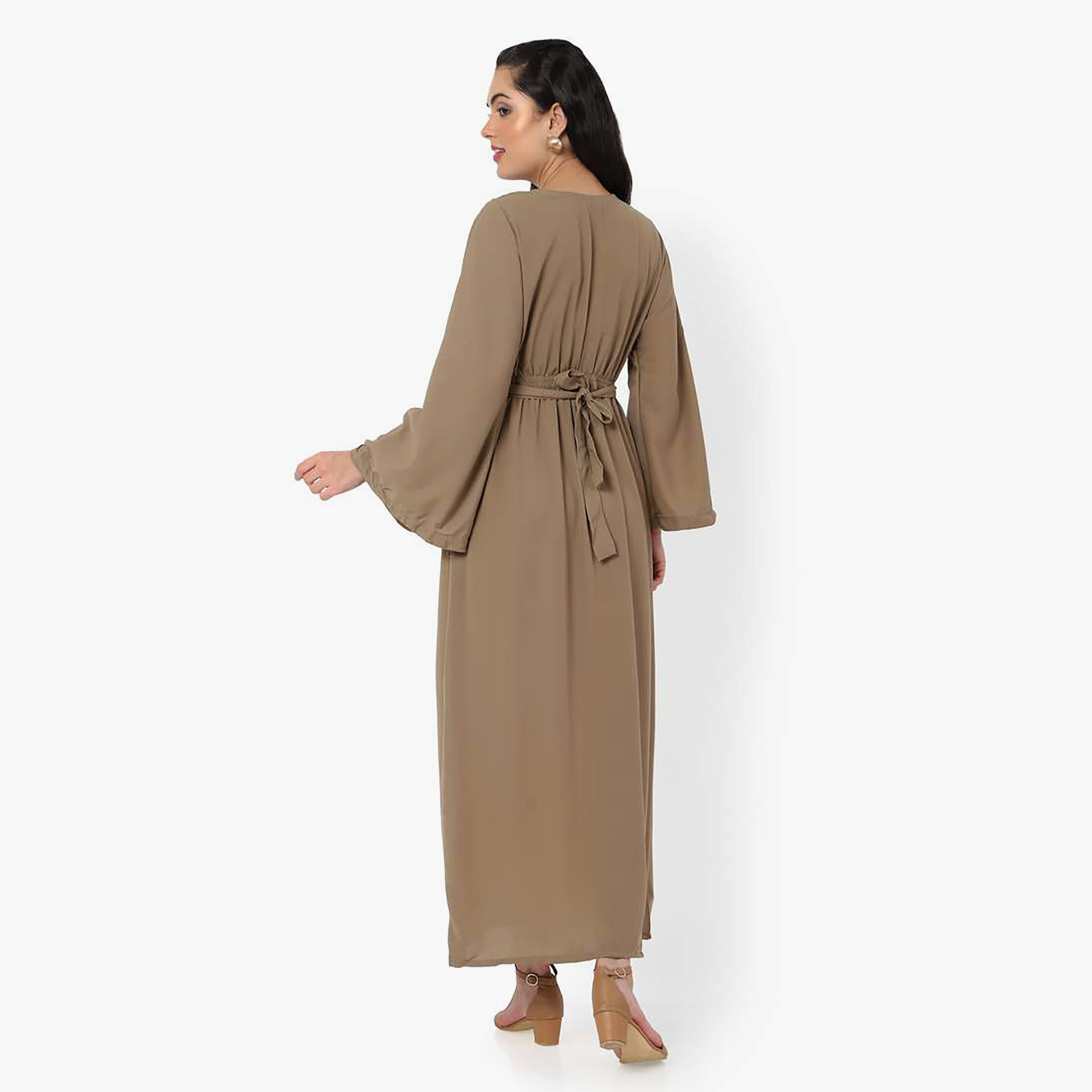 Hana & Sara Brown Plain Flared Sleeves Women's Jalabiya with Hijab-women-arabicclothing-jalabiyas-image-5