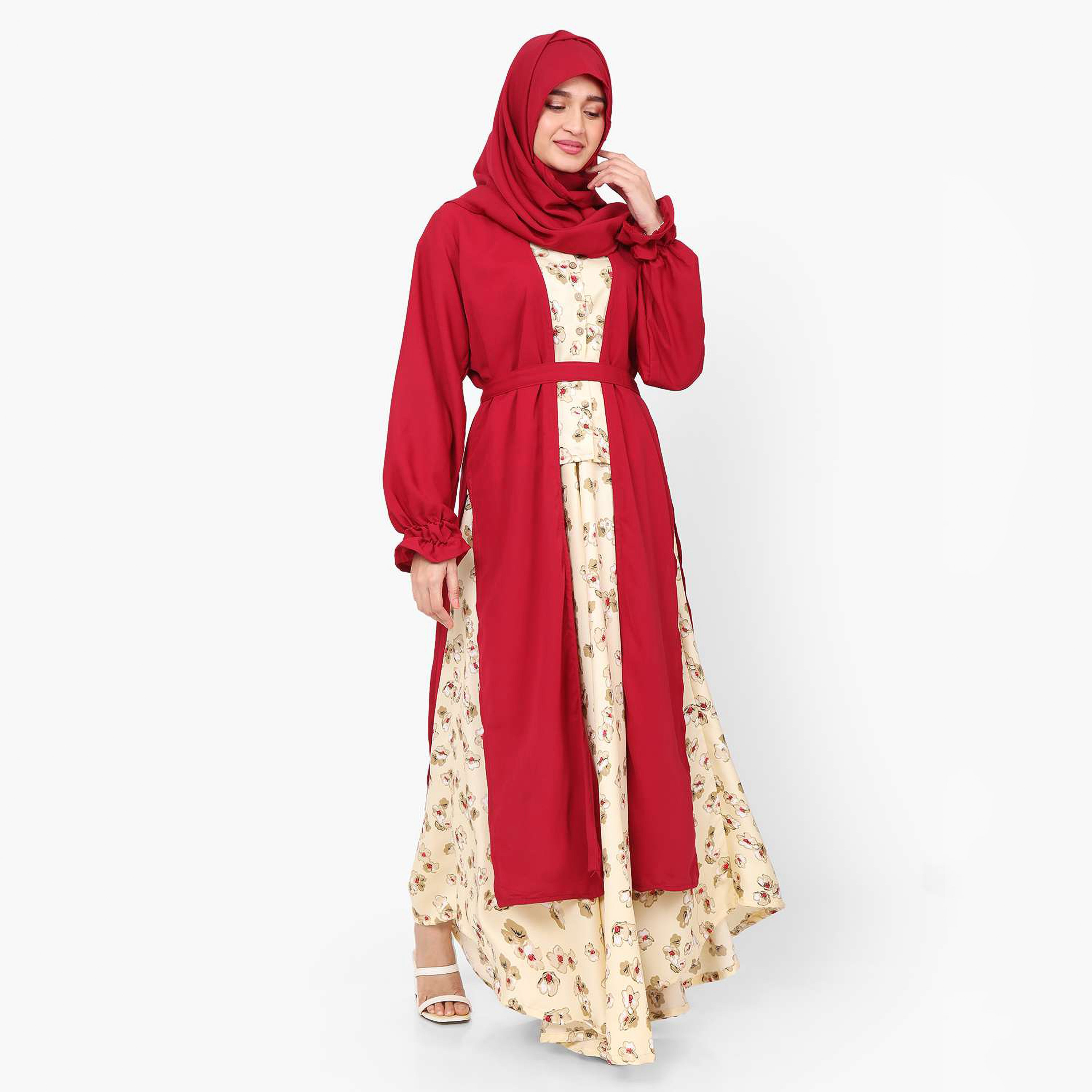 Hana & Sara Multicolour Floral Print Boat Neck Women's Jalabiya with Hijab-women-arabicclothing-jalabiyas-image-1