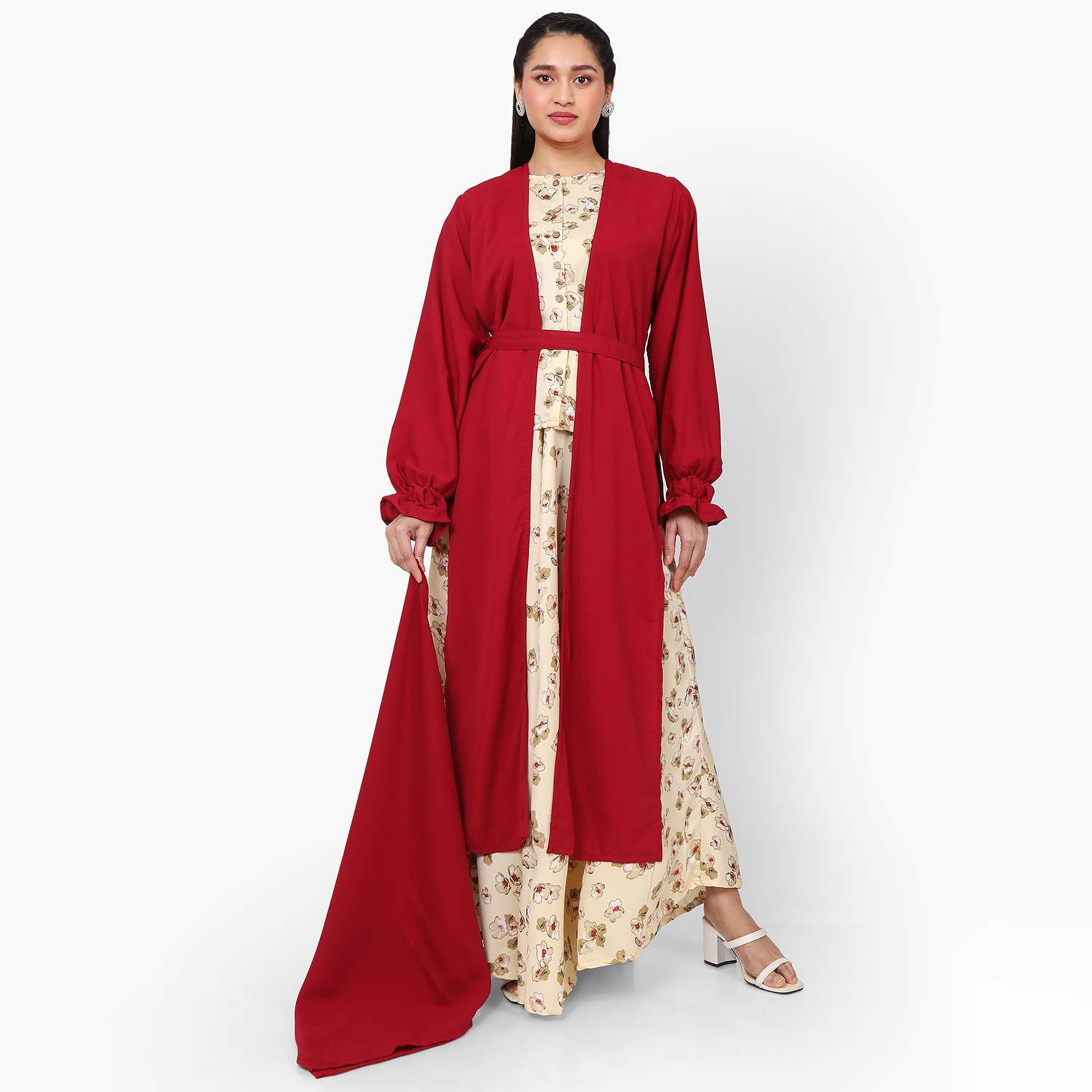 Hana & Sara Multicolour Floral Print Boat Neck Women's Jalabiya with Hijab-women-arabicclothing-jalabiyas-image-2