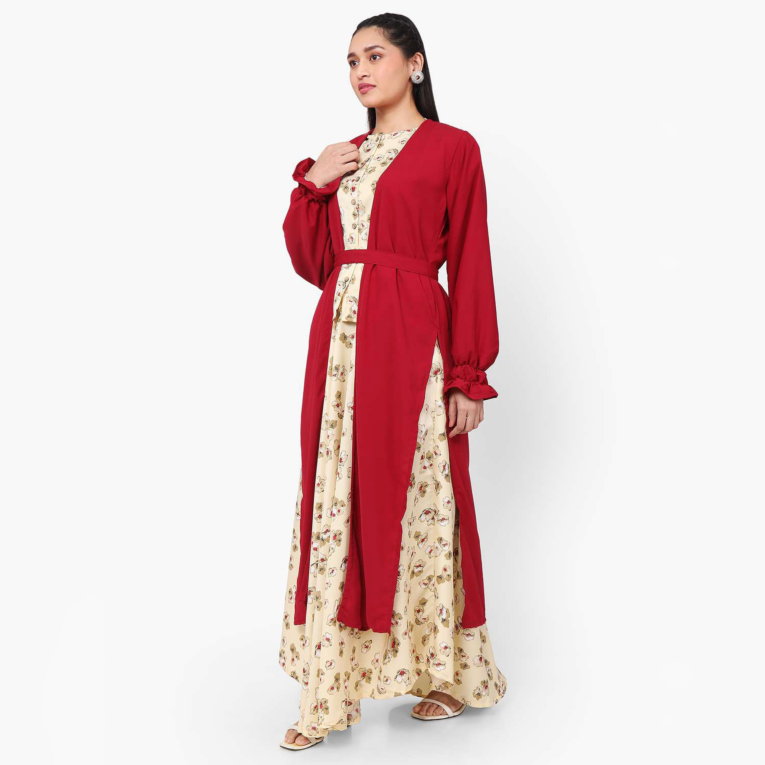 Hana & Sara Multicolour Floral Print Boat Neck Women's Jalabiya with Hijab-women-arabicclothing-jalabiyas-image-3