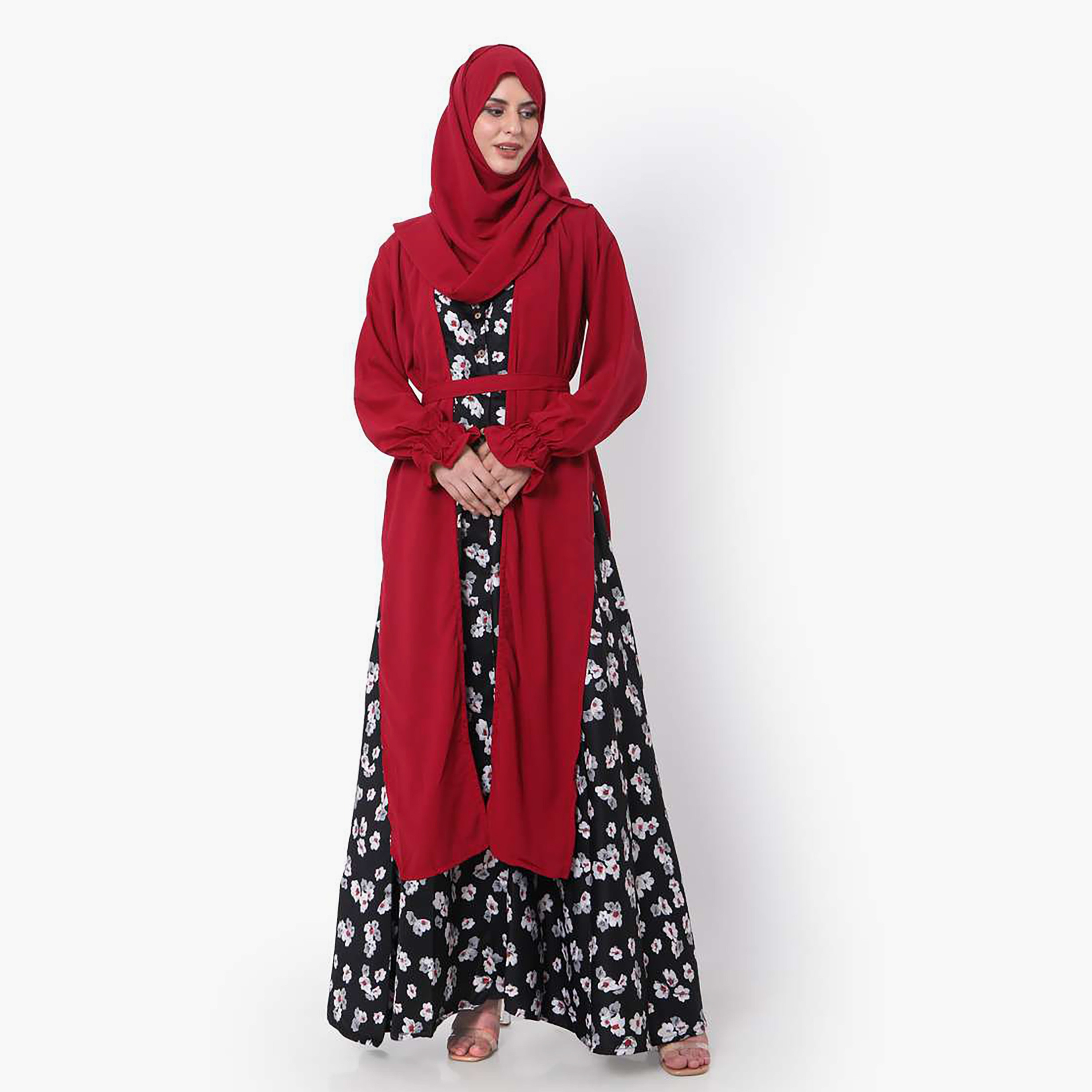 Hana & Sara Multicolour Floral Print Boat Neck Women's Jalabiya with Hijab-women-arabicclothing-jalabiyas-image-1