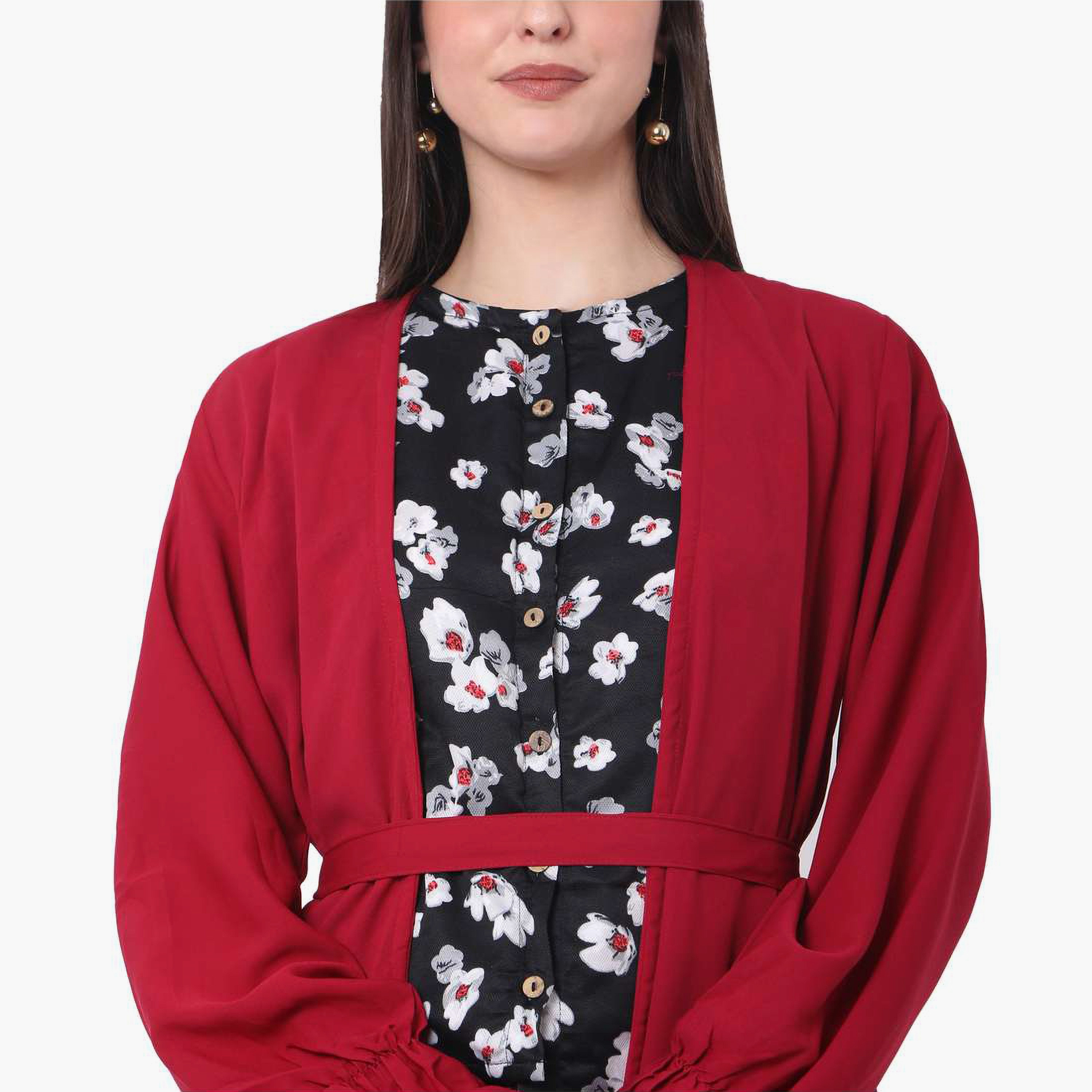 Hana & Sara Multicolour Floral Print Boat Neck Women's Jalabiya with Hijab-women-arabicclothing-jalabiyas-image-2