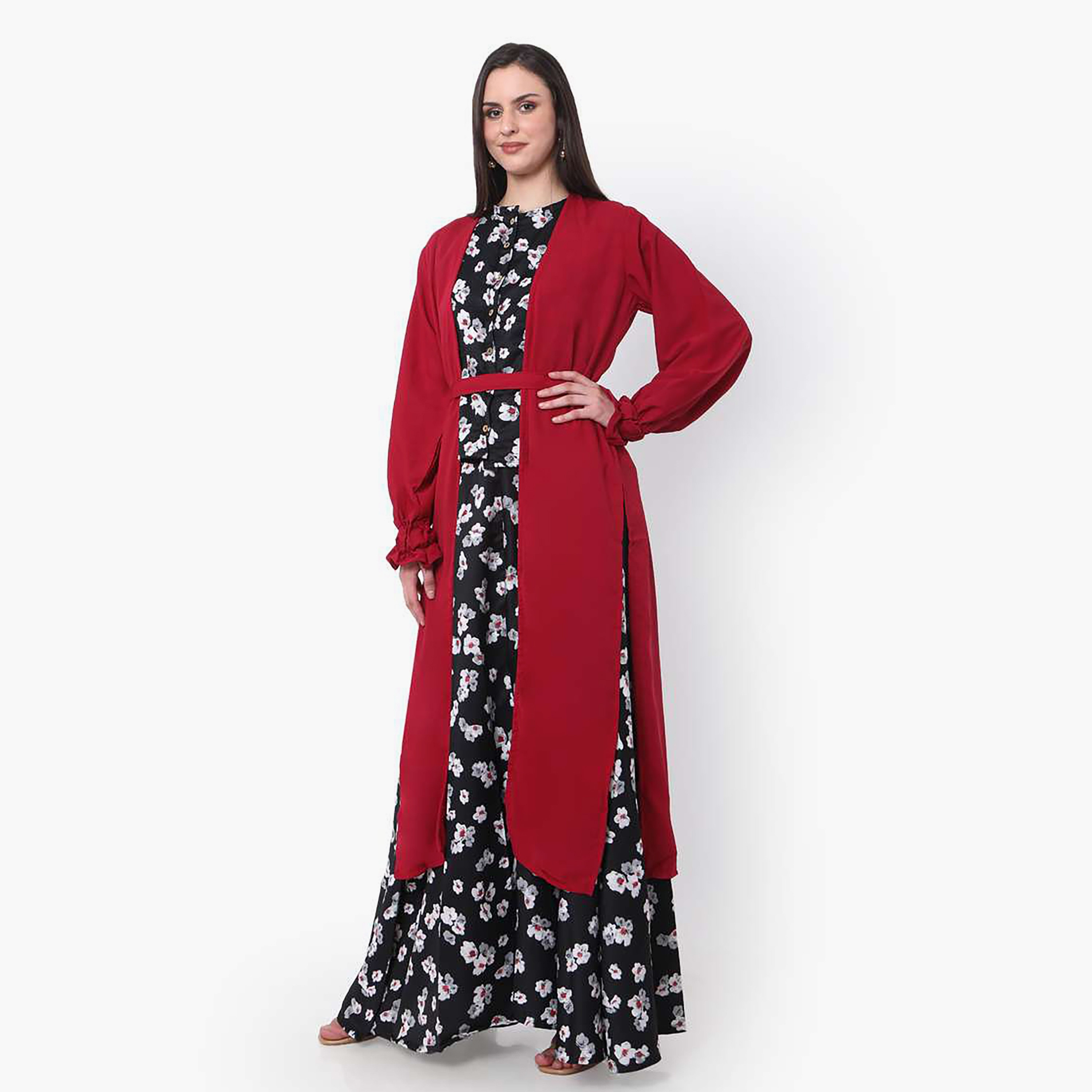 Hana & Sara Multicolour Floral Print Boat Neck Women's Jalabiya with Hijab-women-arabicclothing-jalabiyas-image-3
