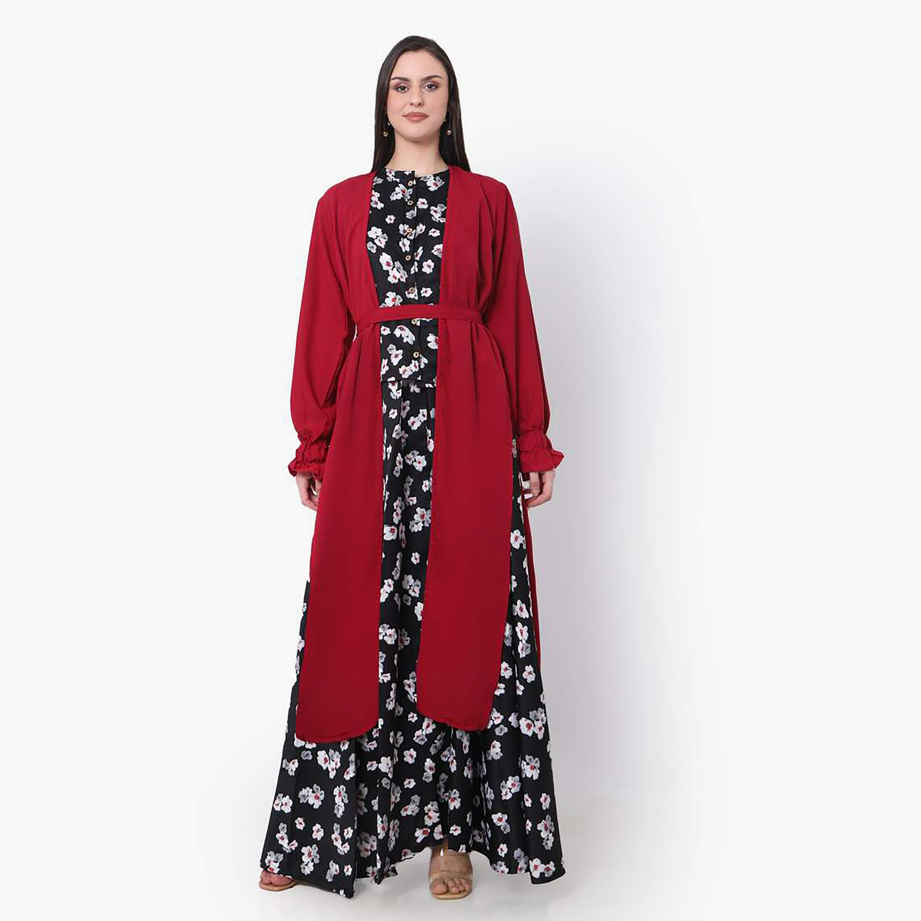 Hana & Sara Multicolour Floral Print Boat Neck Women's Jalabiya with Hijab-women-arabicclothing-jalabiyas-image-4