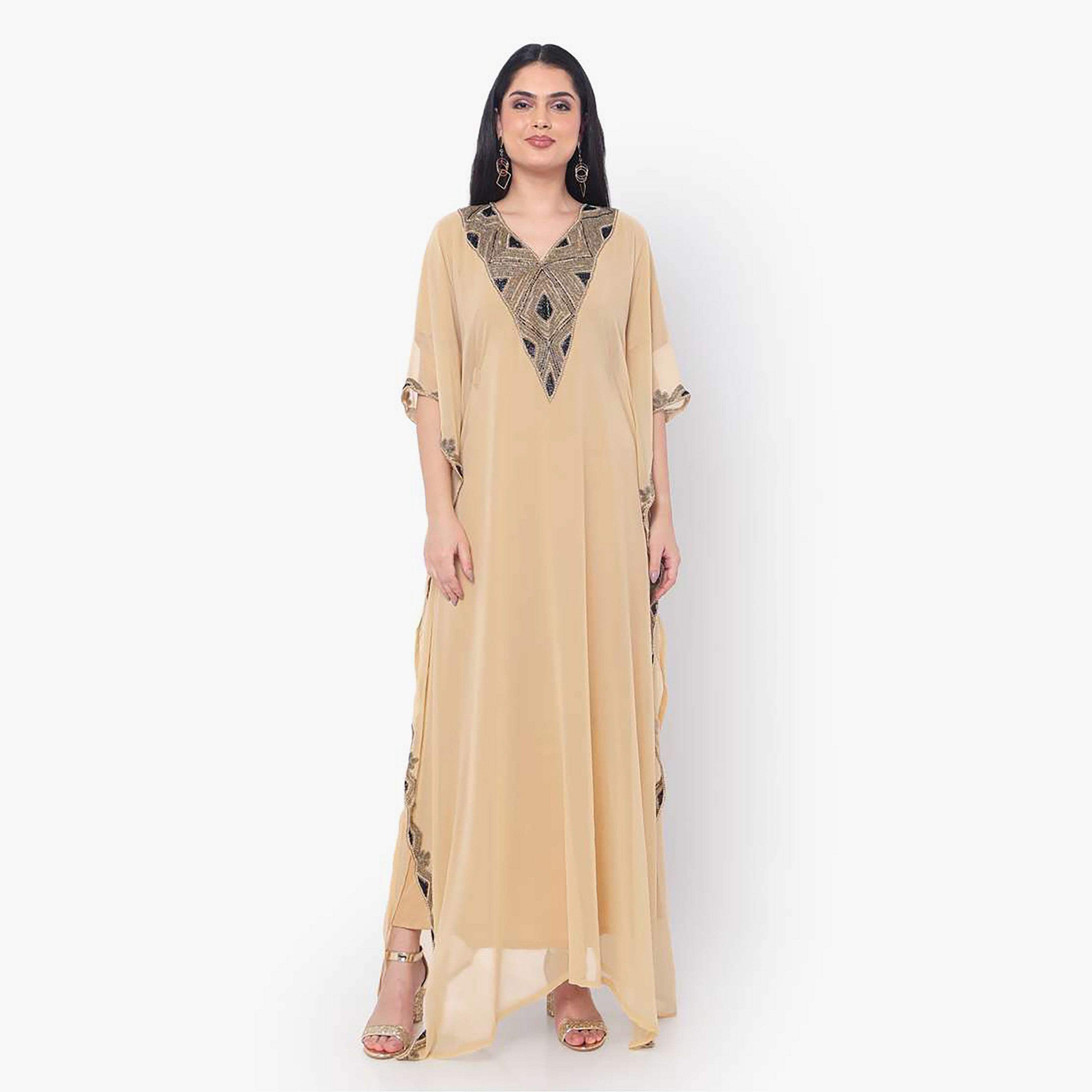 Hana & Sara Beige Embellished Flared Sleeves Women's Jalabiya-women-arabicclothing-jalabiyas-image-1