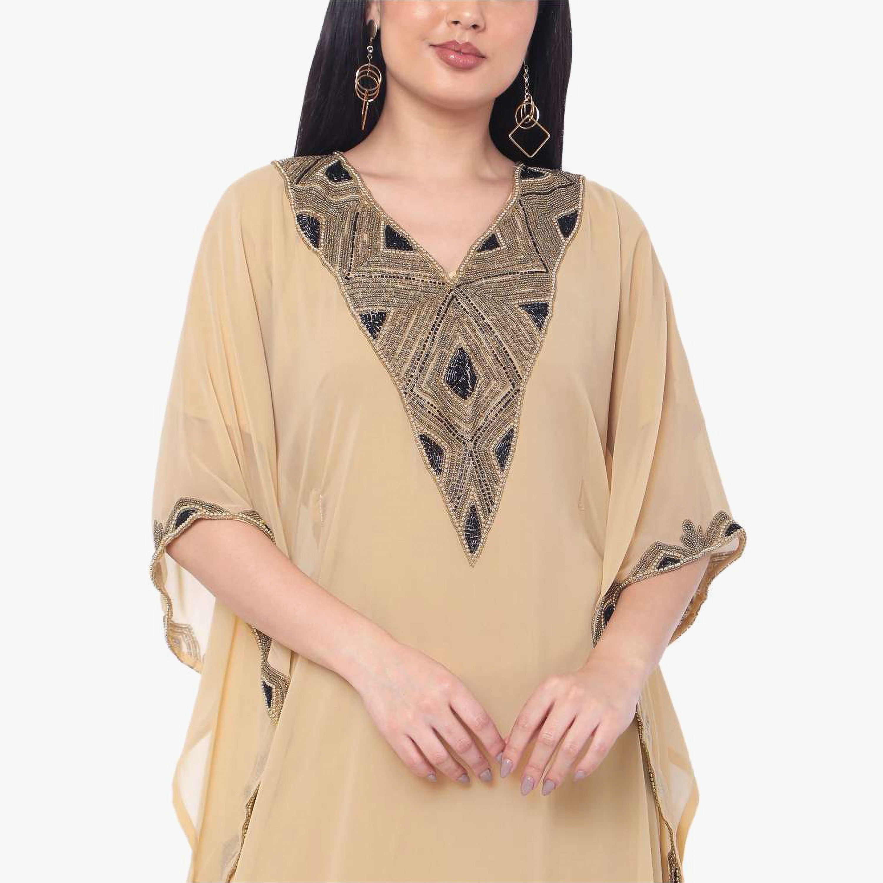 Hana & Sara Beige Embellished Flared Sleeves Women's Jalabiya-women-arabicclothing-jalabiyas-image-2