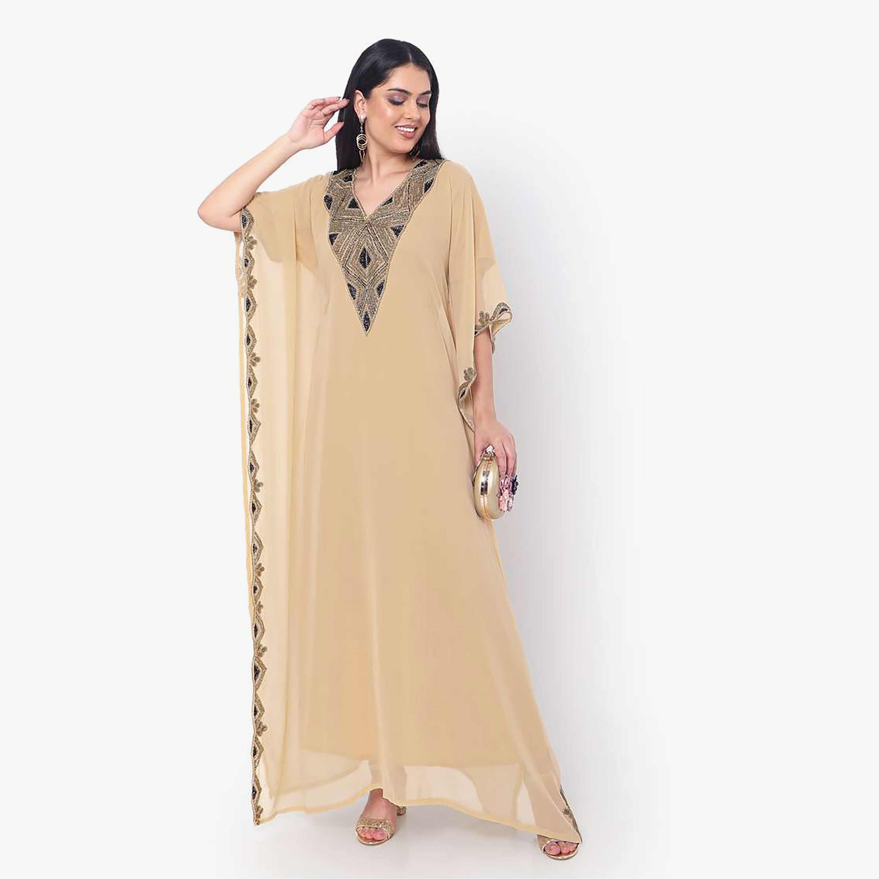Hana & Sara Beige Embellished Flared Sleeves Women's Jalabiya-women-arabicclothing-jalabiyas-image-3