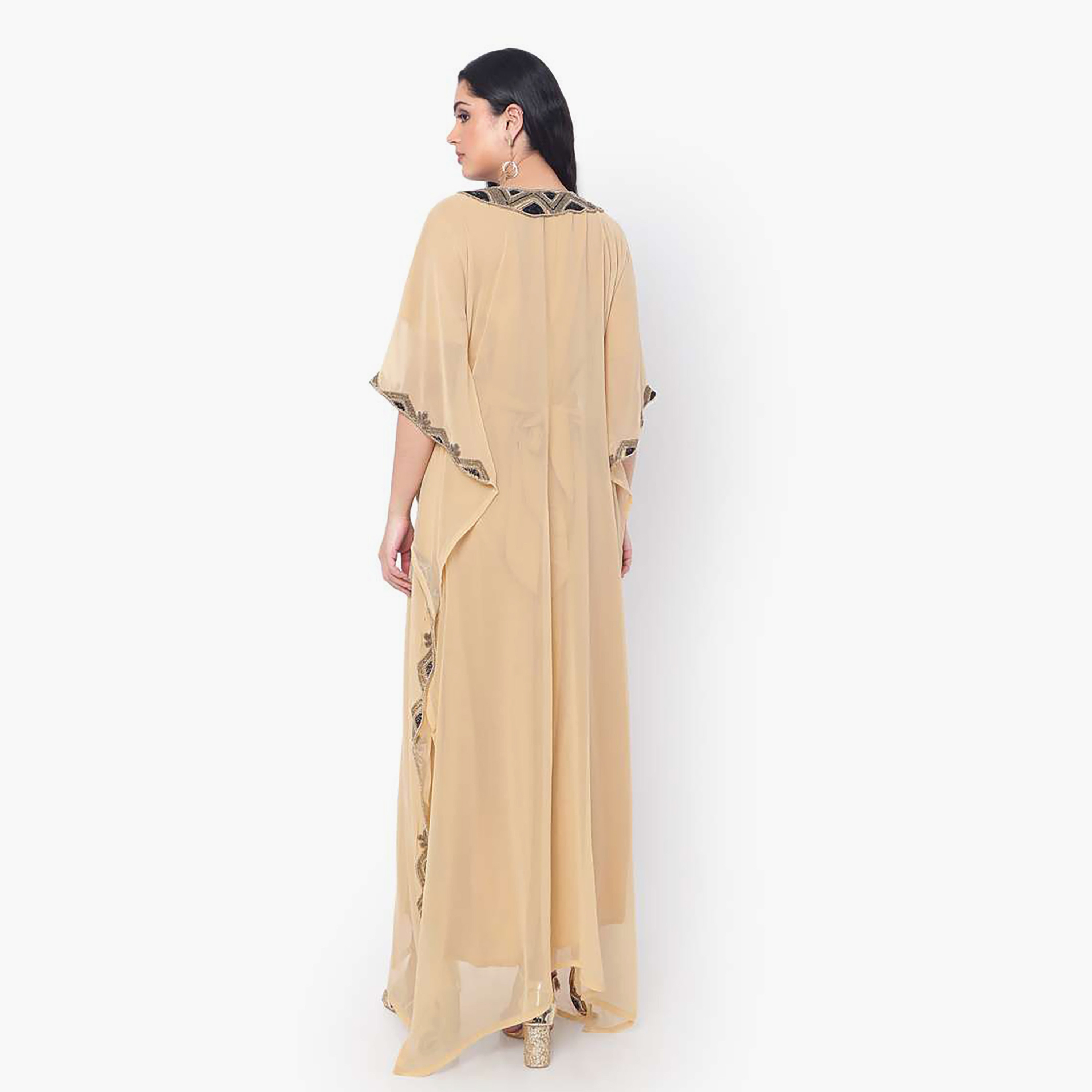 Hana & Sara Beige Embellished Flared Sleeves Women's Jalabiya-women-arabicclothing-jalabiyas-image-4