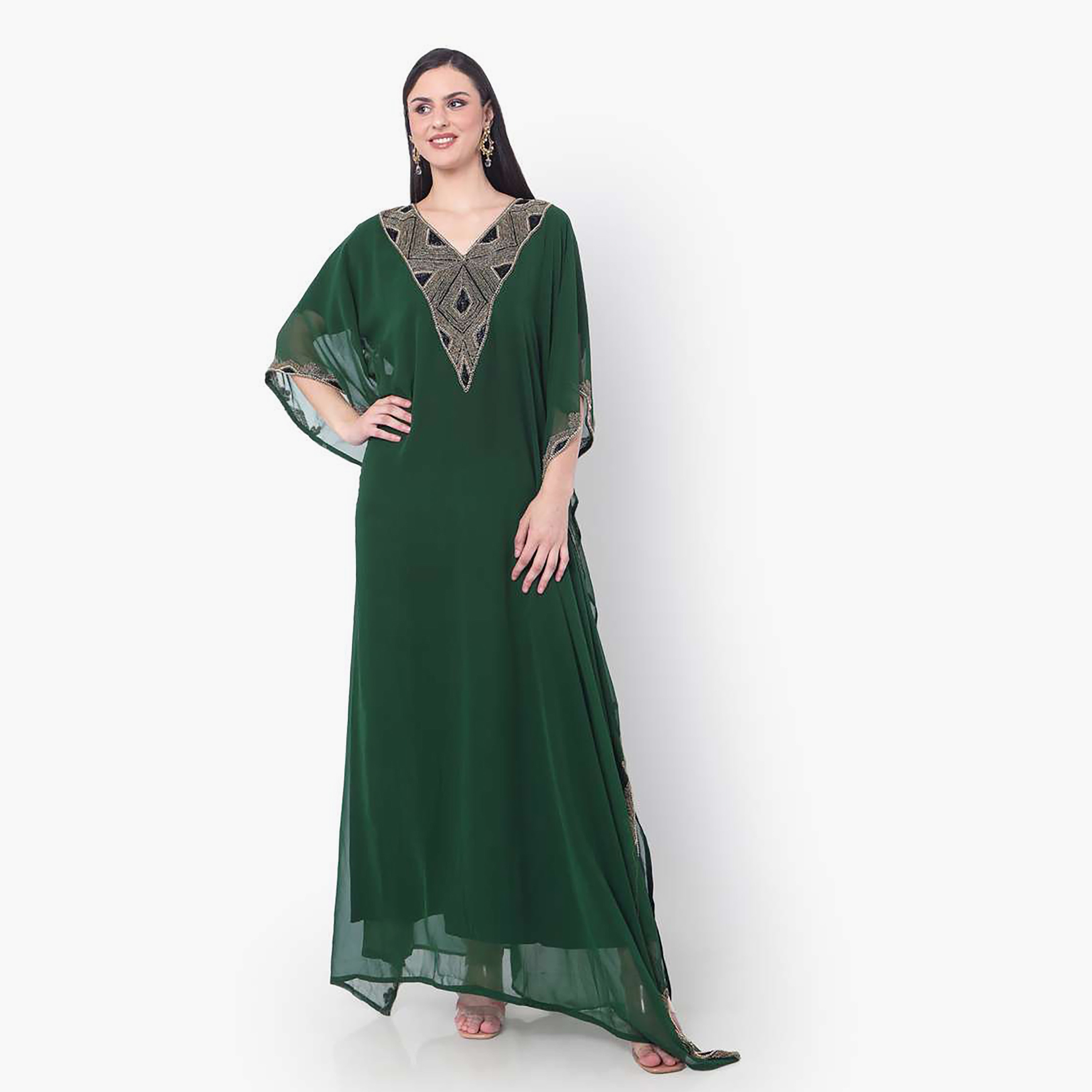 Hana & Sara Green Embellished Flared Sleeves Women's Jalabiya-women-arabicclothing-jalabiyas-image-1