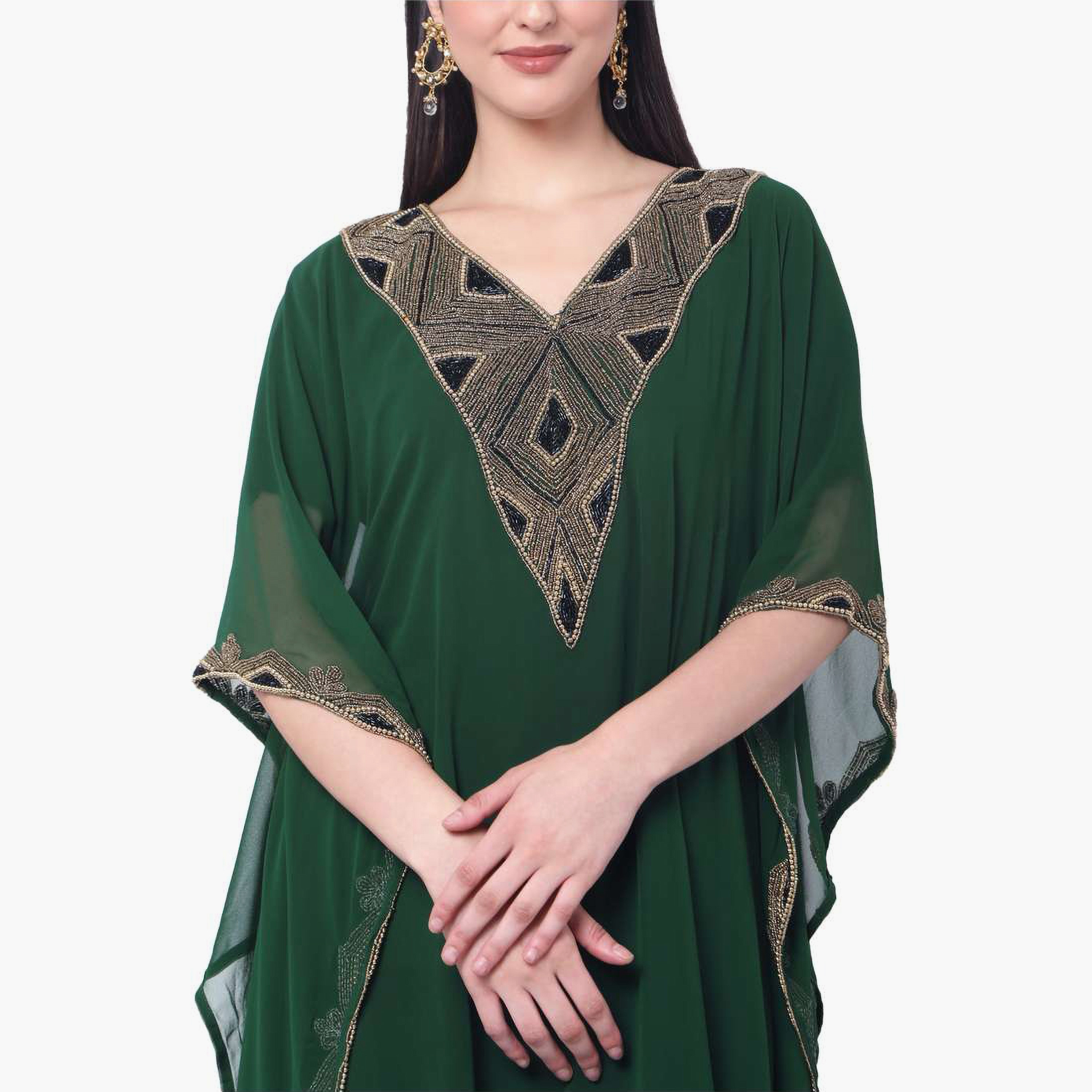 Hana & Sara Green Embellished Flared Sleeves Women's Jalabiya-women-arabicclothing-jalabiyas-image-2