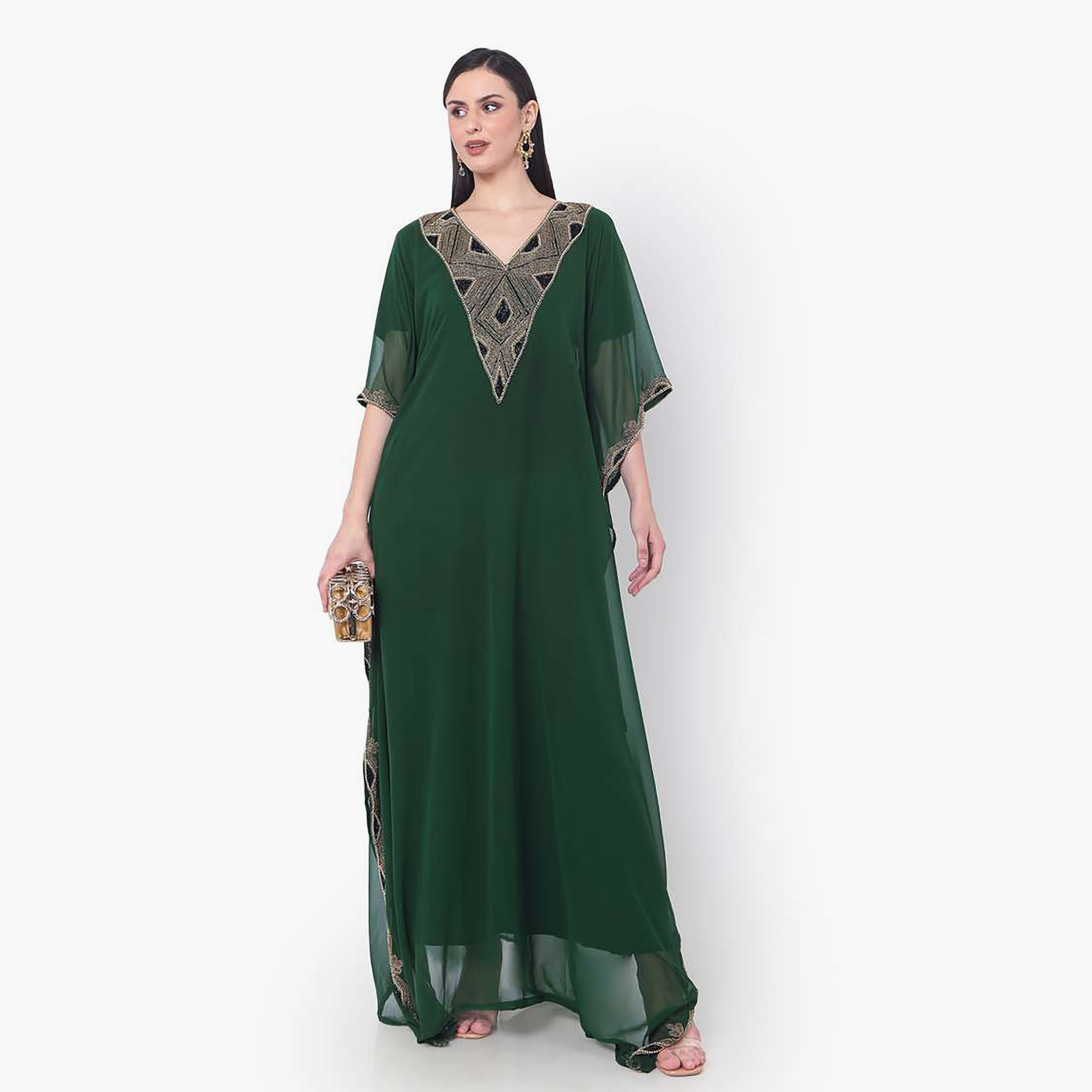 Hana & Sara Green Embellished Flared Sleeves Women's Jalabiya-women-arabicclothing-jalabiyas-image-3