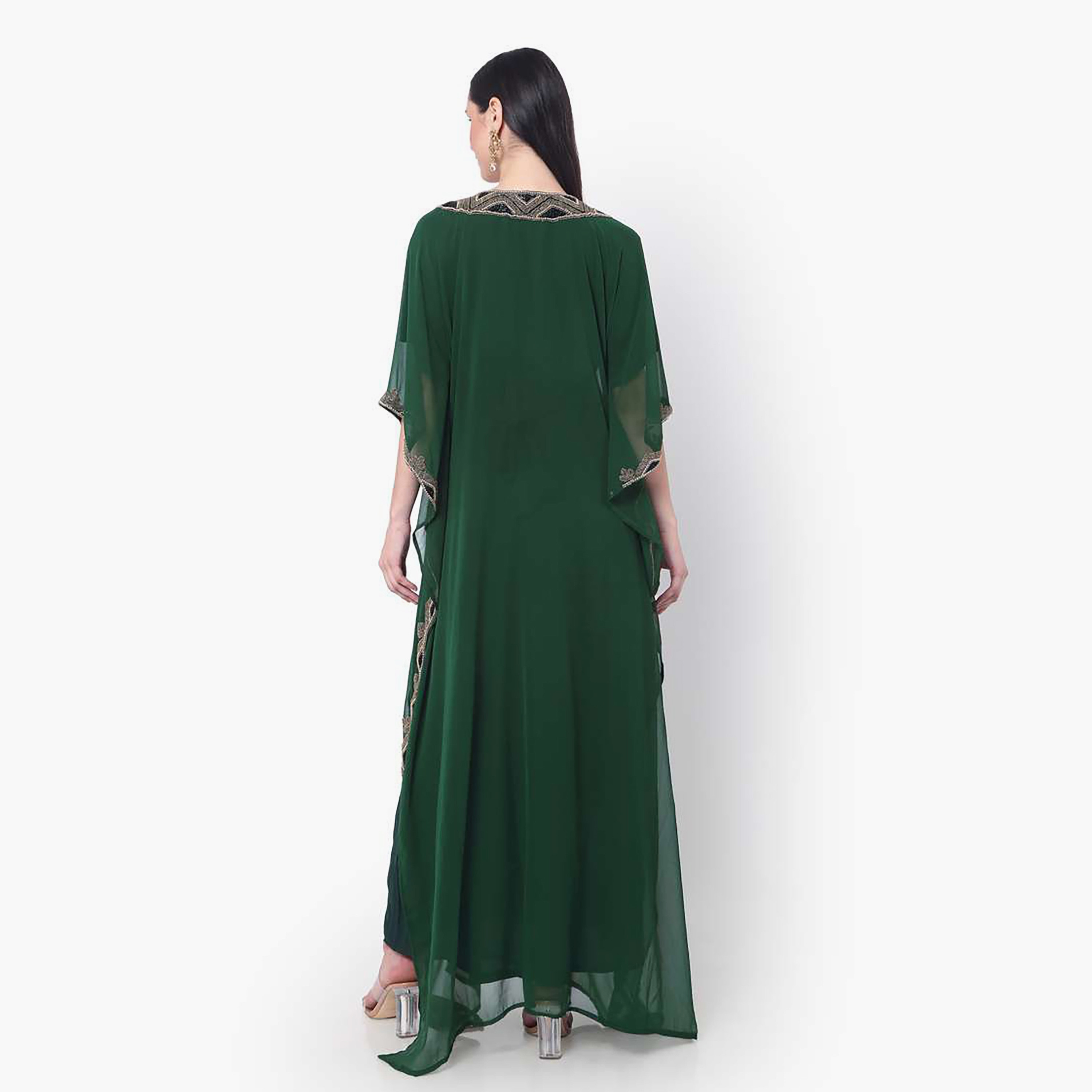 Hana & Sara Green Embellished Flared Sleeves Women's Jalabiya-women-arabicclothing-jalabiyas-image-4