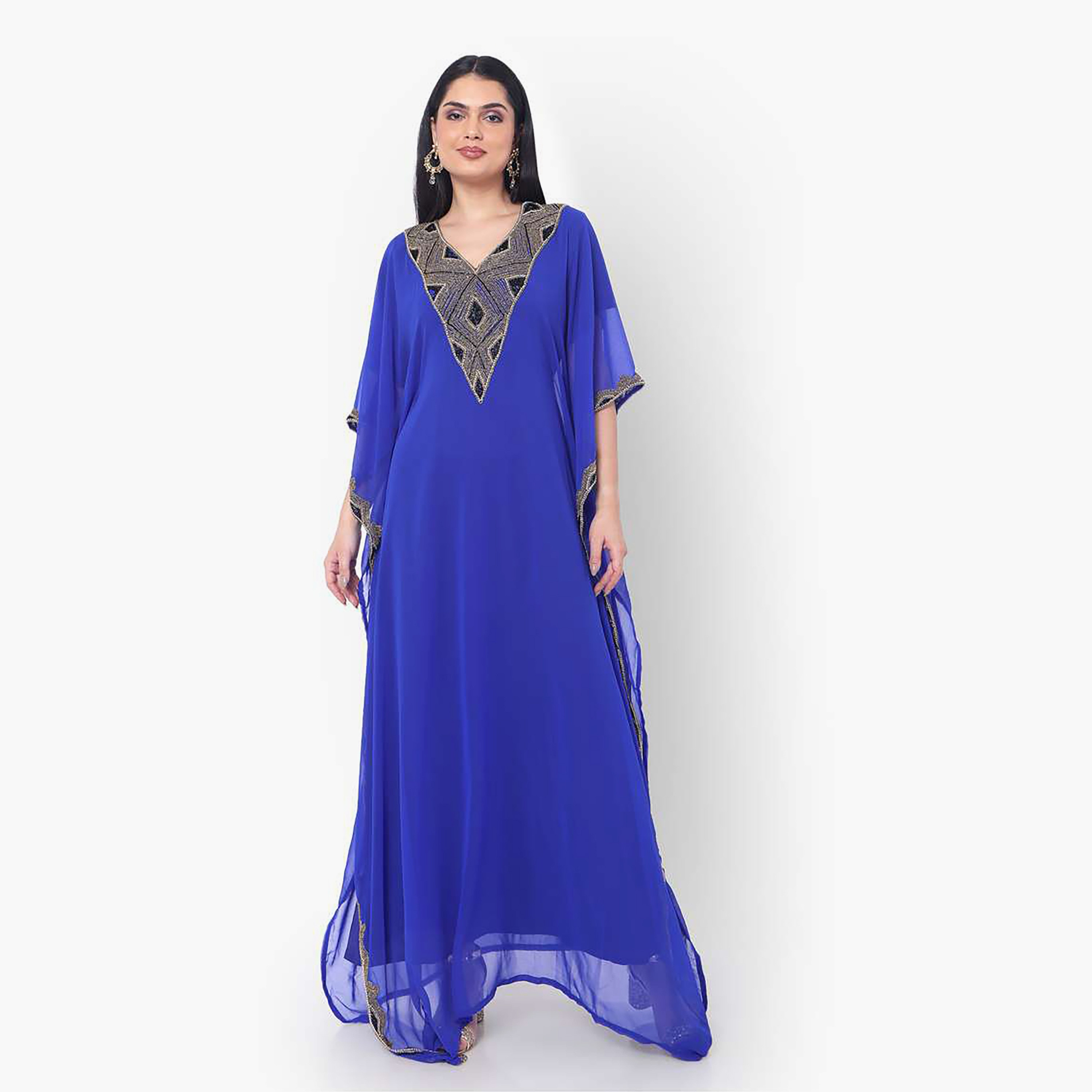 Hana & Sara Blue Embellished Flared Sleeves Women's Jalabiya-women-arabicclothing-jalabiyas-image-1