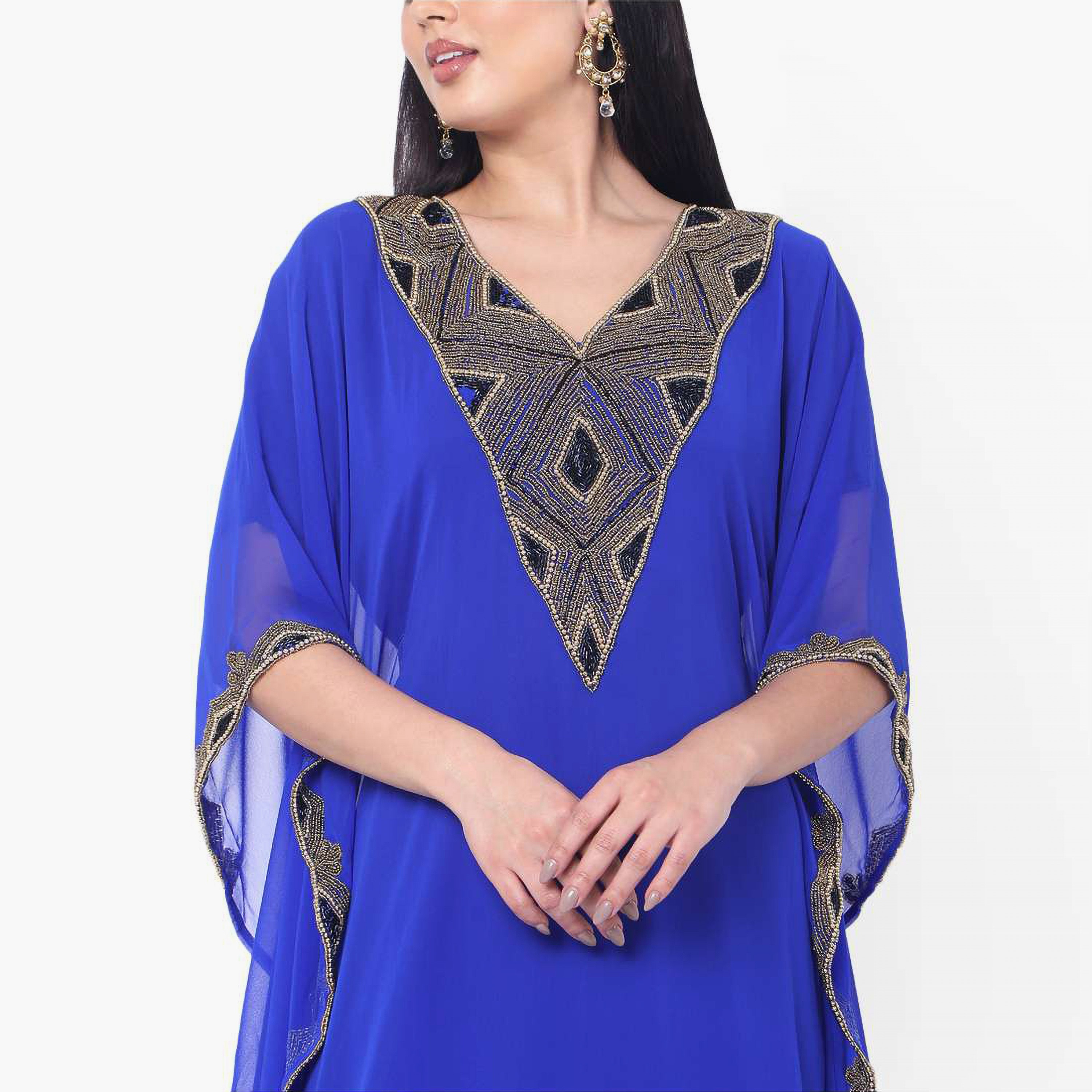 Hana & Sara Blue Embellished Flared Sleeves Women's Jalabiya-women-arabicclothing-jalabiyas-image-2