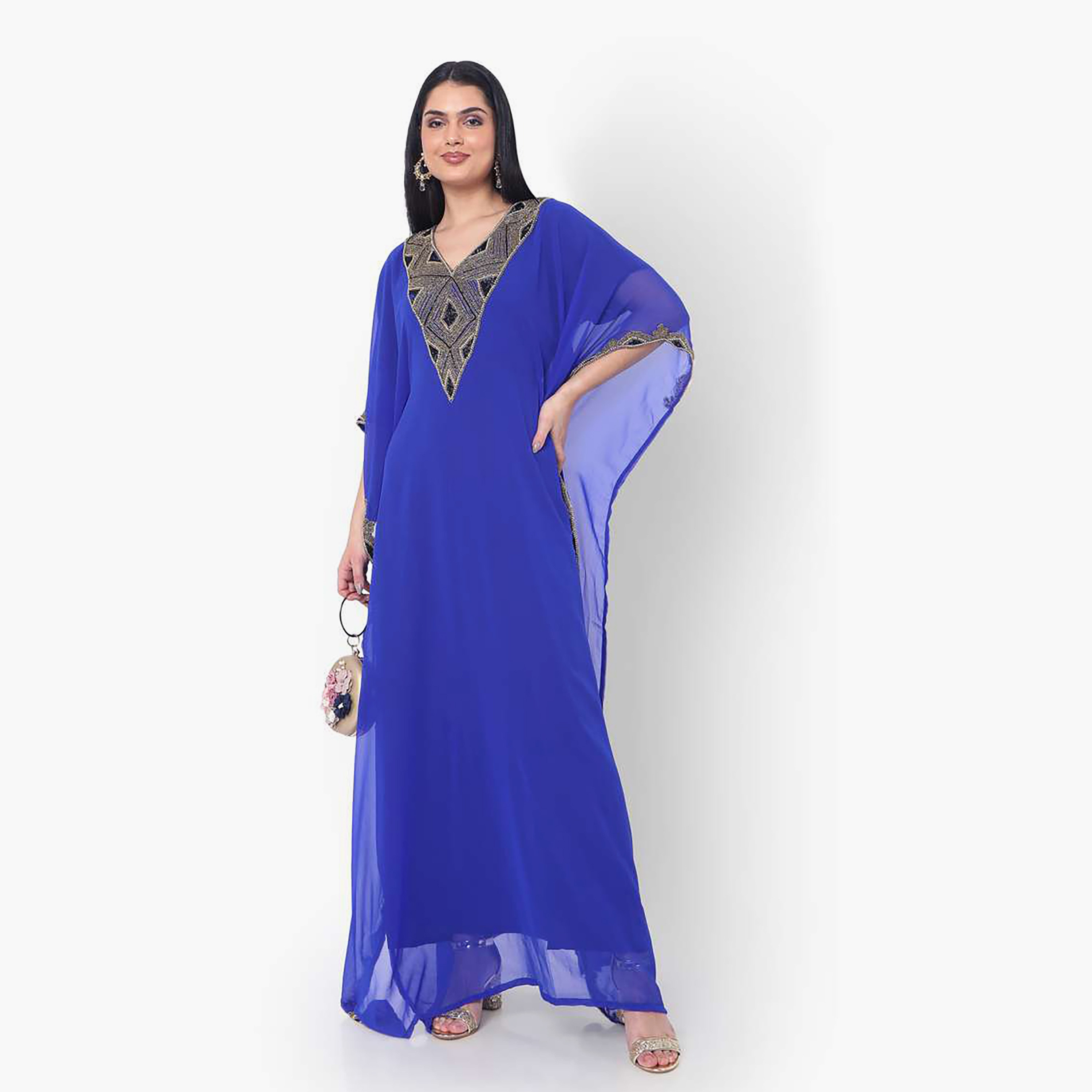 Hana & Sara Blue Embellished Flared Sleeves Women's Jalabiya-women-arabicclothing-jalabiyas-image-3
