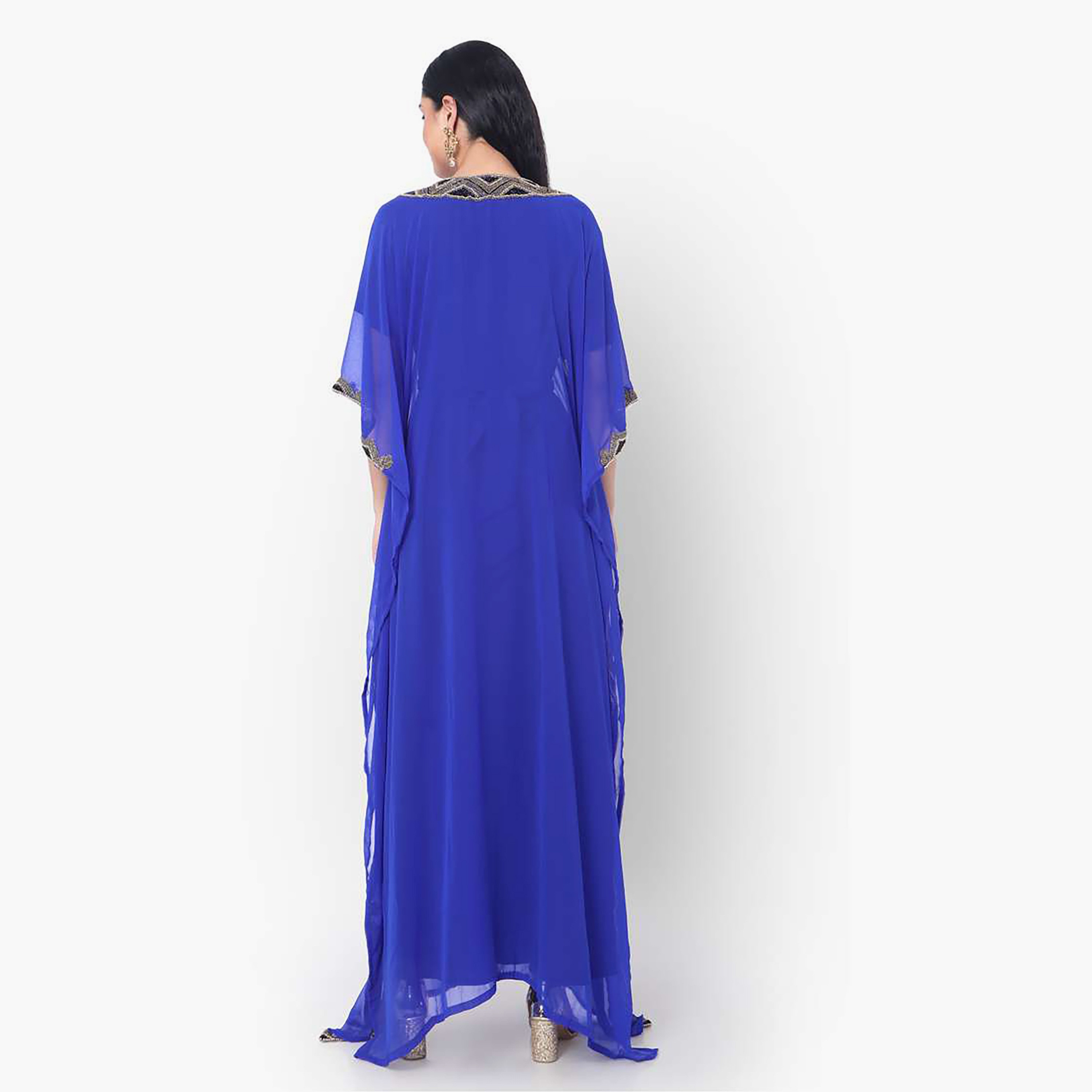 Hana & Sara Blue Embellished Flared Sleeves Women's Jalabiya-women-arabicclothing-jalabiyas-image-4