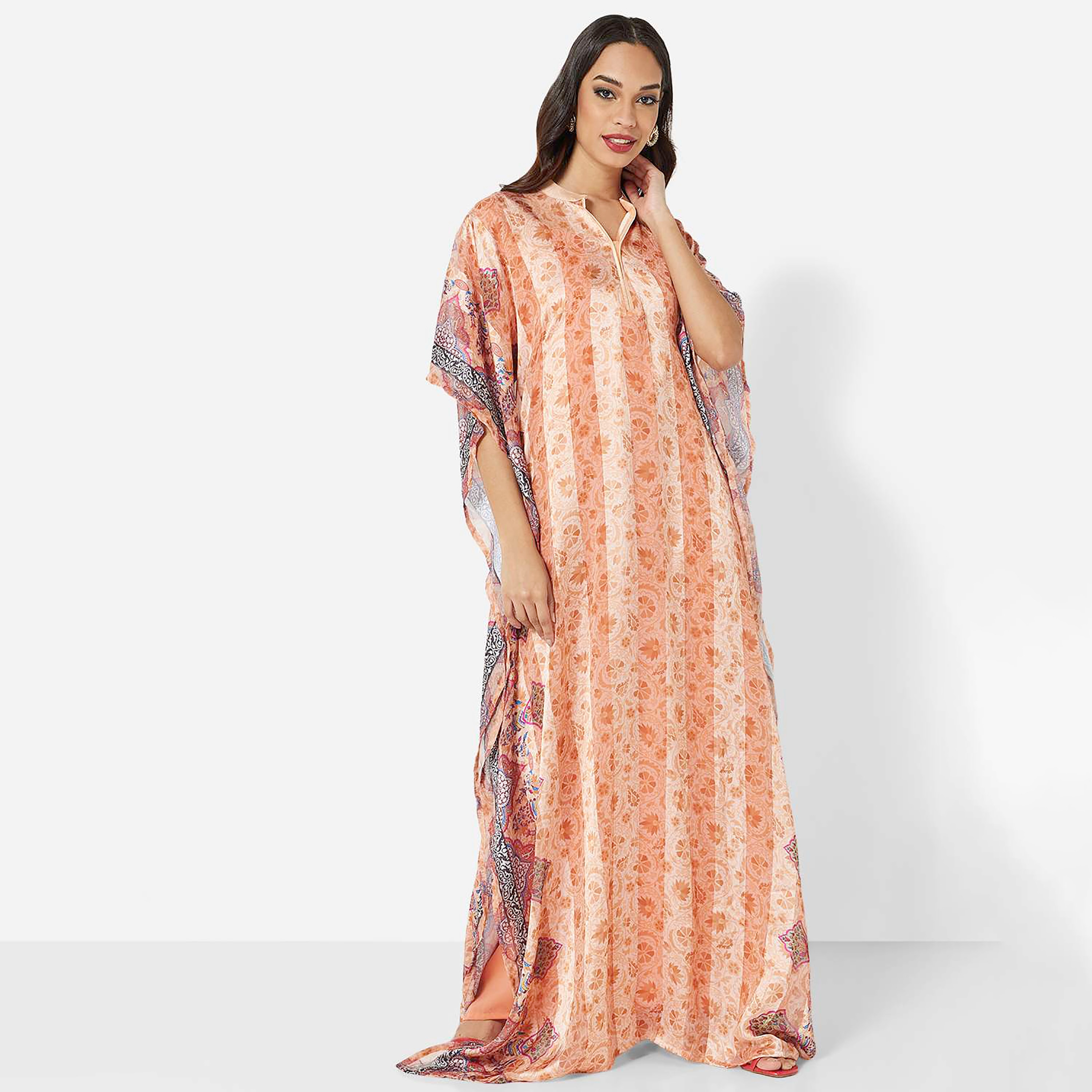 Hana & Sara Orange Printed Collared Neck Flared Sleeves Party Women's Jalabiya-women-arabicclothing-jalabiyas-image-1