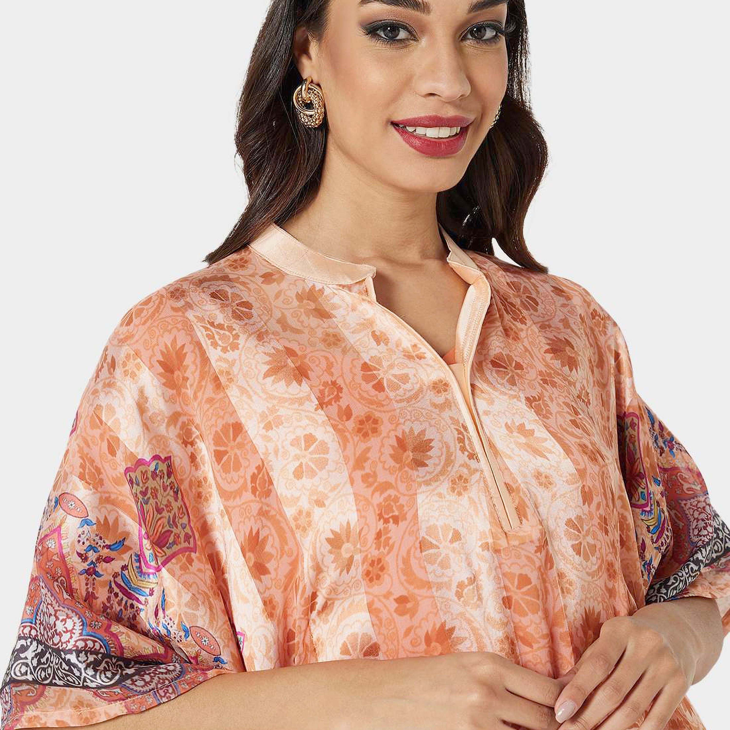 Hana & Sara Orange Printed Collared Neck Flared Sleeves Party Women's Jalabiya-women-arabicclothing-jalabiyas-image-2