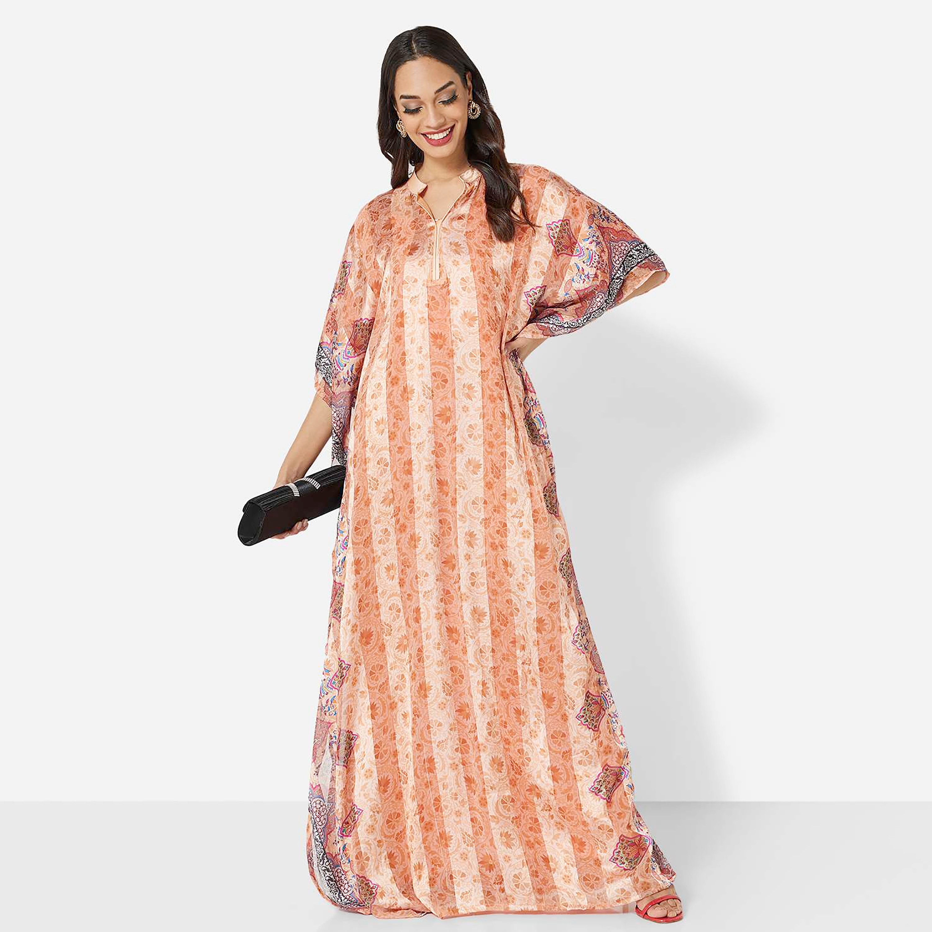 Hana & Sara Orange Printed Collared Neck Flared Sleeves Party Women's Jalabiya-women-arabicclothing-jalabiyas-image-3