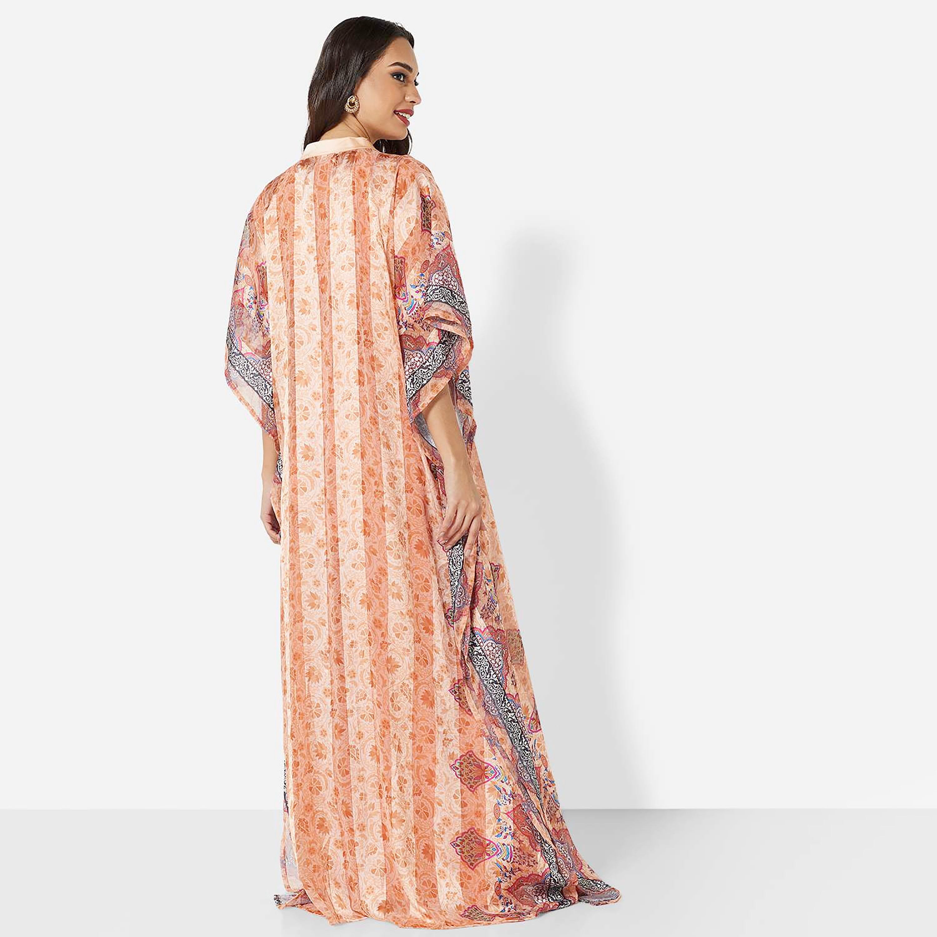 Hana & Sara Orange Printed Collared Neck Flared Sleeves Party Women's Jalabiya-women-arabicclothing-jalabiyas-image-4