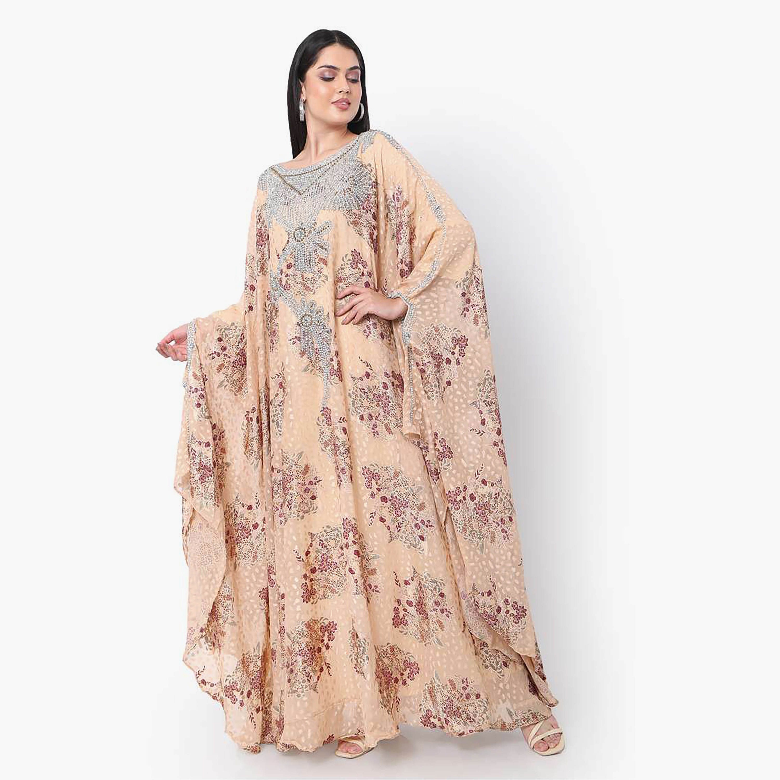Hana & Sara Beige Embellished Boat Neck Flared Sleeves Wedding and Engagement Women's Jalabiya-women-arabicclothing-jalabiyas-image-1