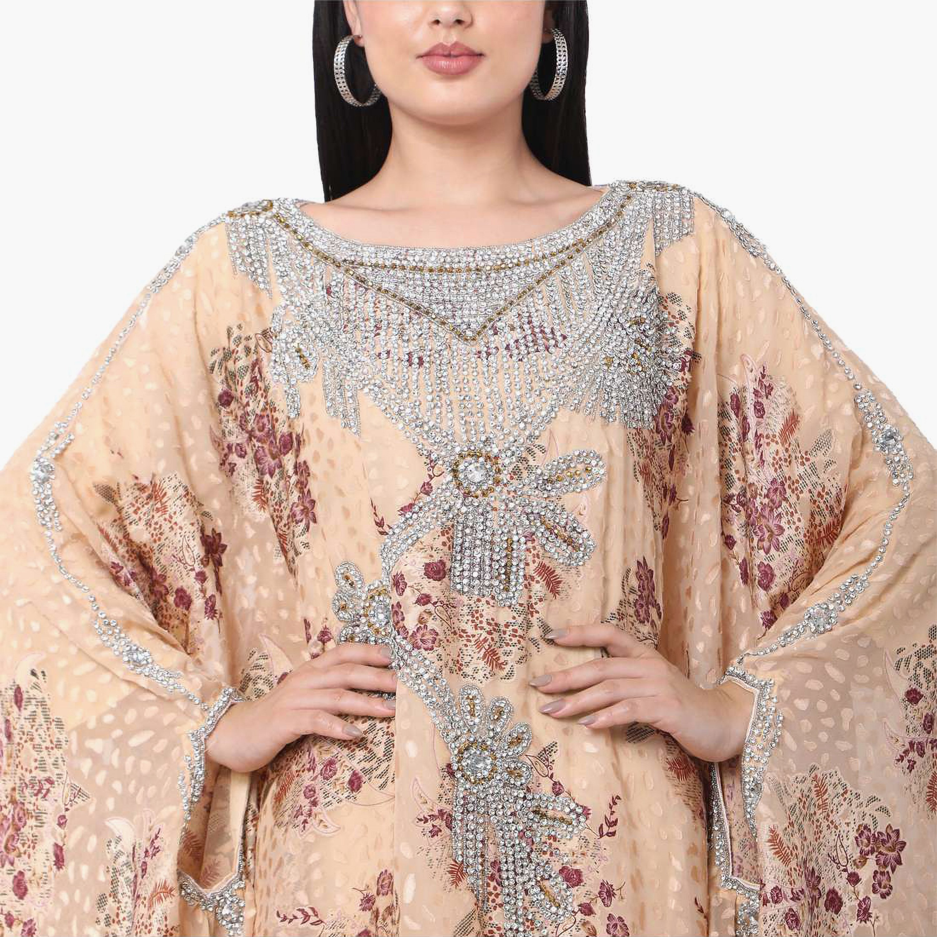 Hana & Sara Beige Embellished Boat Neck Flared Sleeves Wedding and Engagement Women's Jalabiya-women-arabicclothing-jalabiyas-image-2