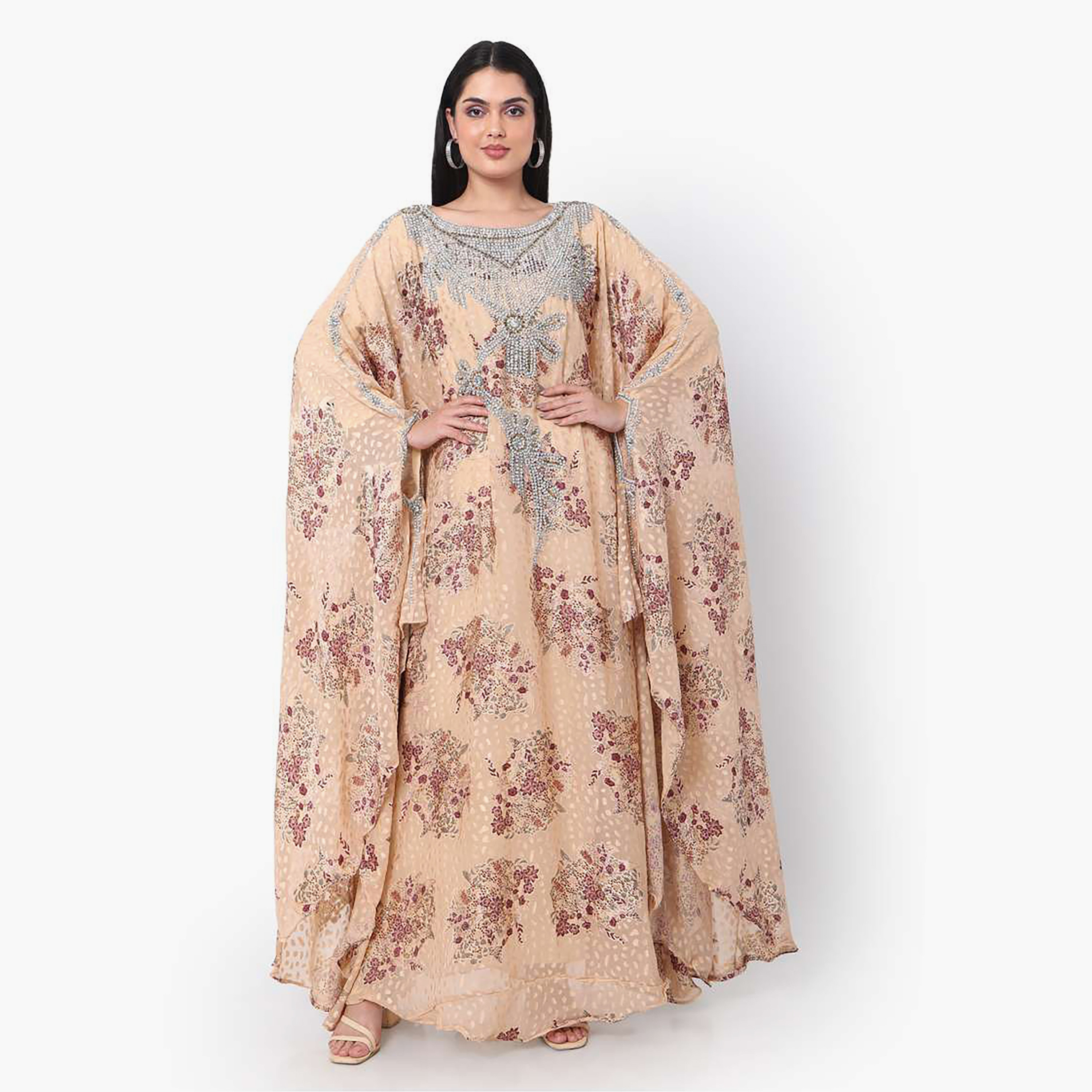 Hana & Sara Beige Embellished Boat Neck Flared Sleeves Wedding and Engagement Women's Jalabiya-women-arabicclothing-jalabiyas-image-3