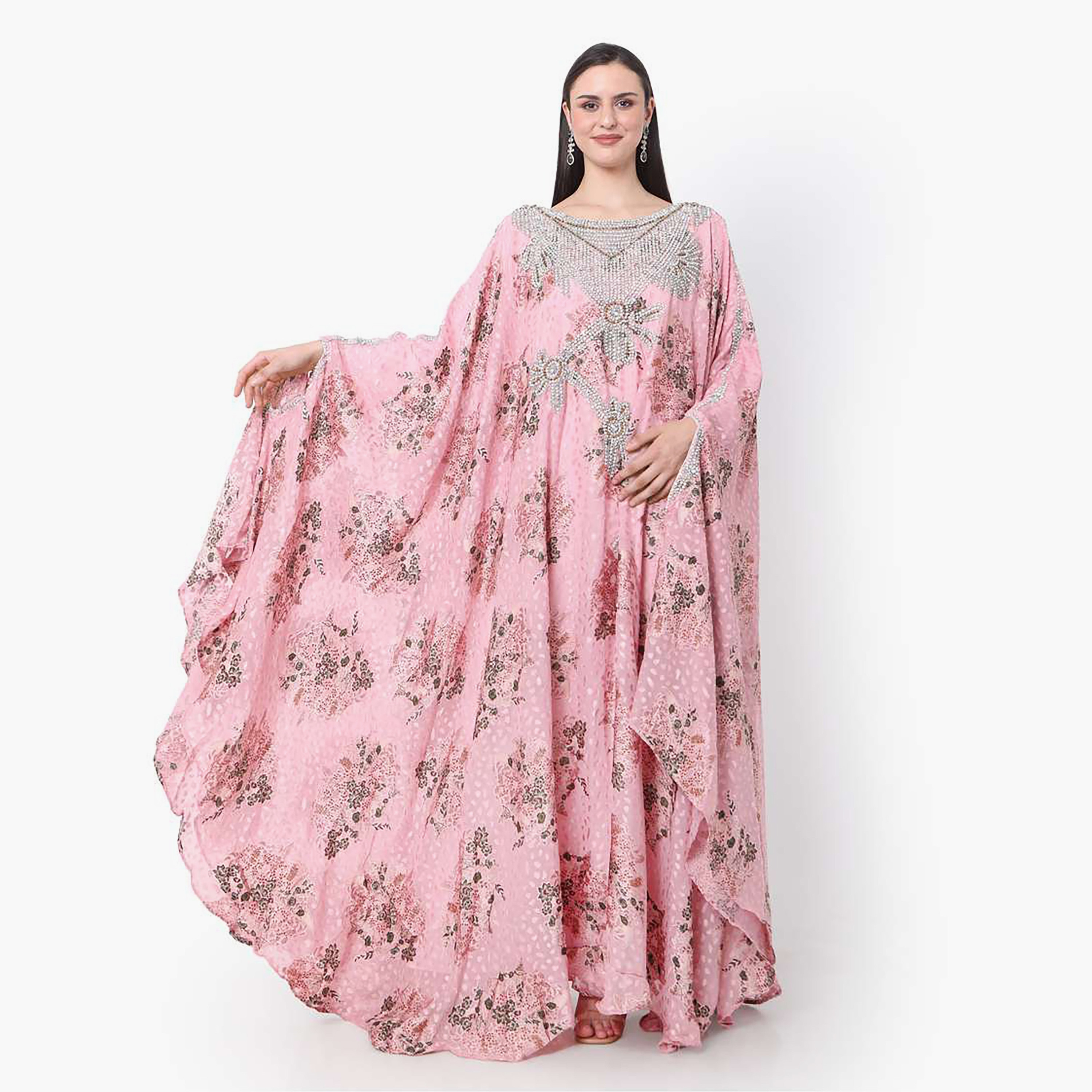 Hana & Sara Pink Embellished Boat Neck Flared Sleeves Wedding and Engagement Women's Jalabiya-women-arabicclothing-jalabiyas-image-1