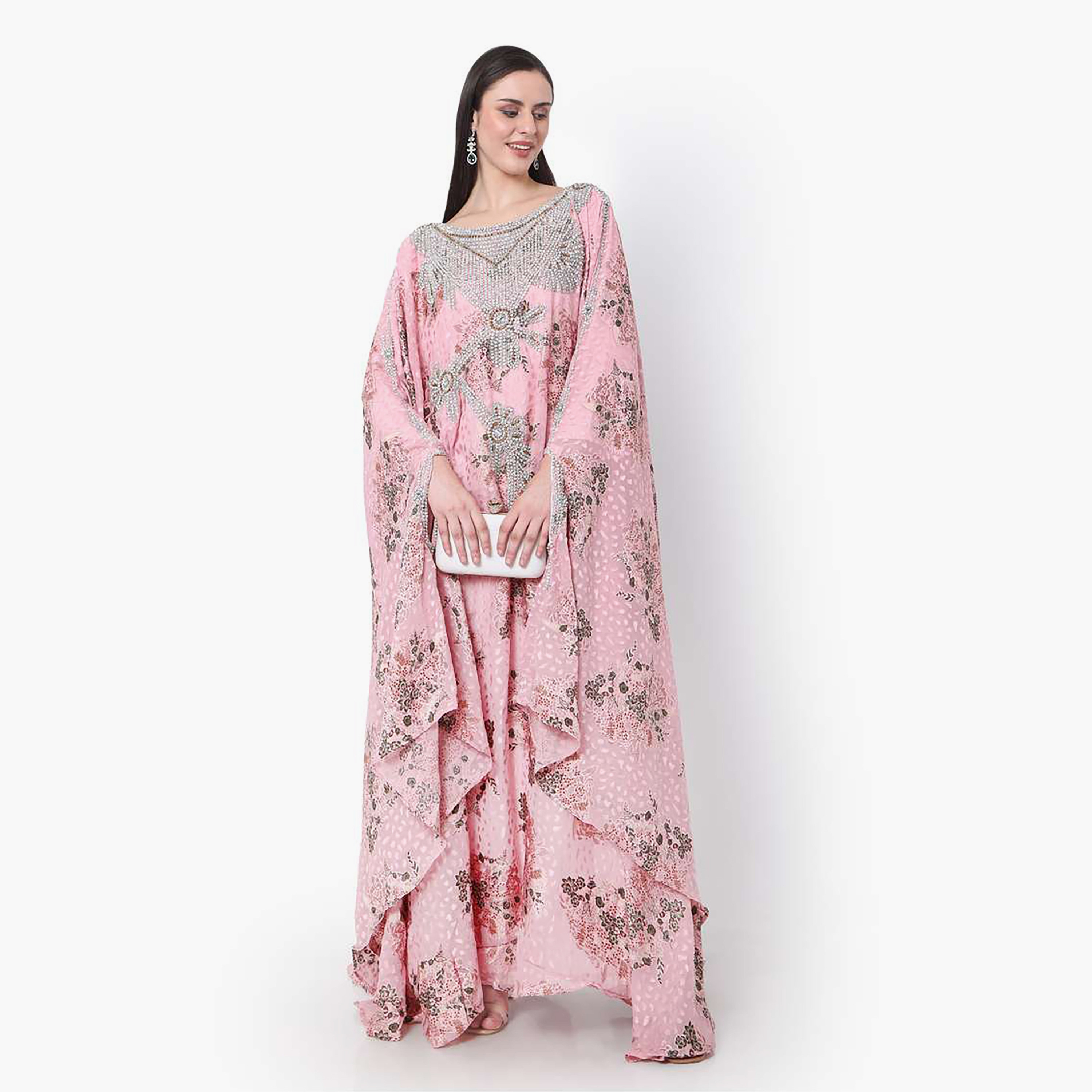 Hana & Sara Pink Embellished Boat Neck Flared Sleeves Wedding and Engagement Women's Jalabiya-women-arabicclothing-jalabiyas-image-3