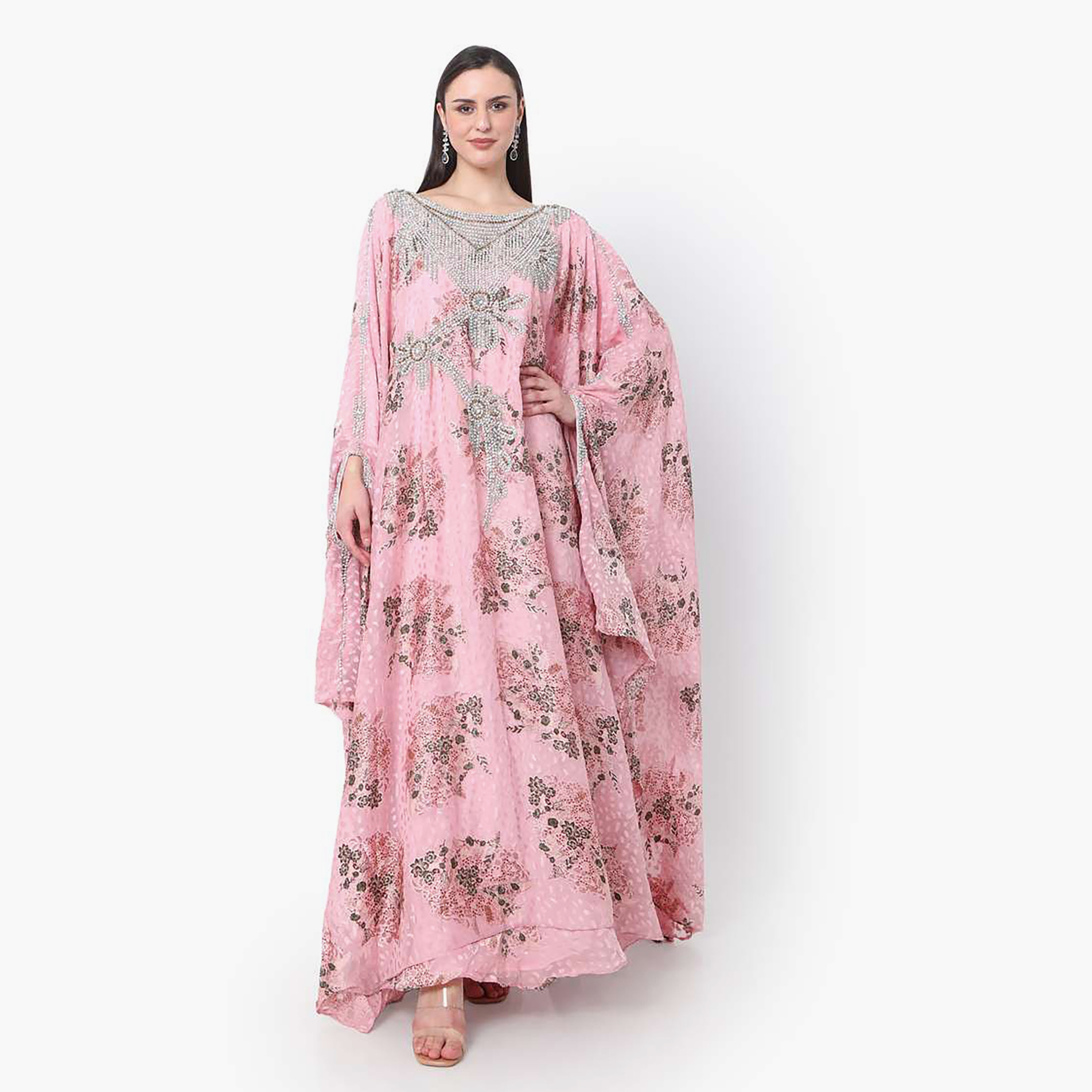 Hana & Sara Pink Embellished Boat Neck Flared Sleeves Wedding and Engagement Women's Jalabiya-women-arabicclothing-jalabiyas-image-4