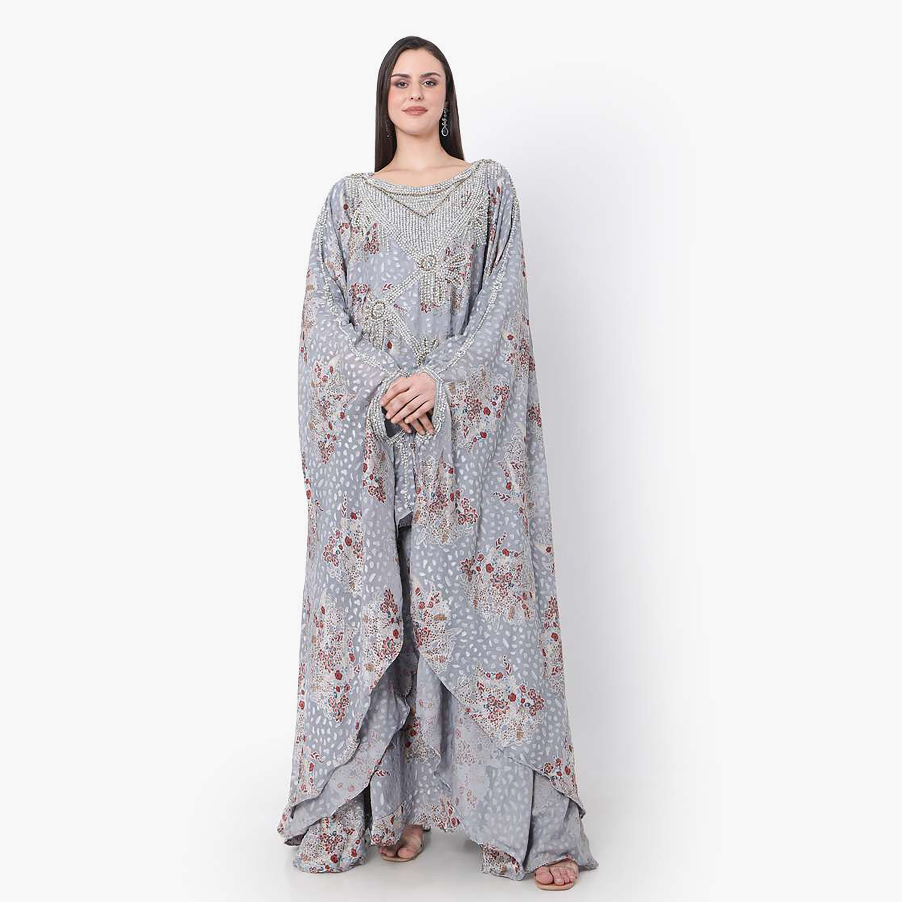 Hana & Sara Grey Embellished Boat Neck Flared Sleeves Wedding and Engagement Women's Jalabiya-women-clothing-dresses-image-4