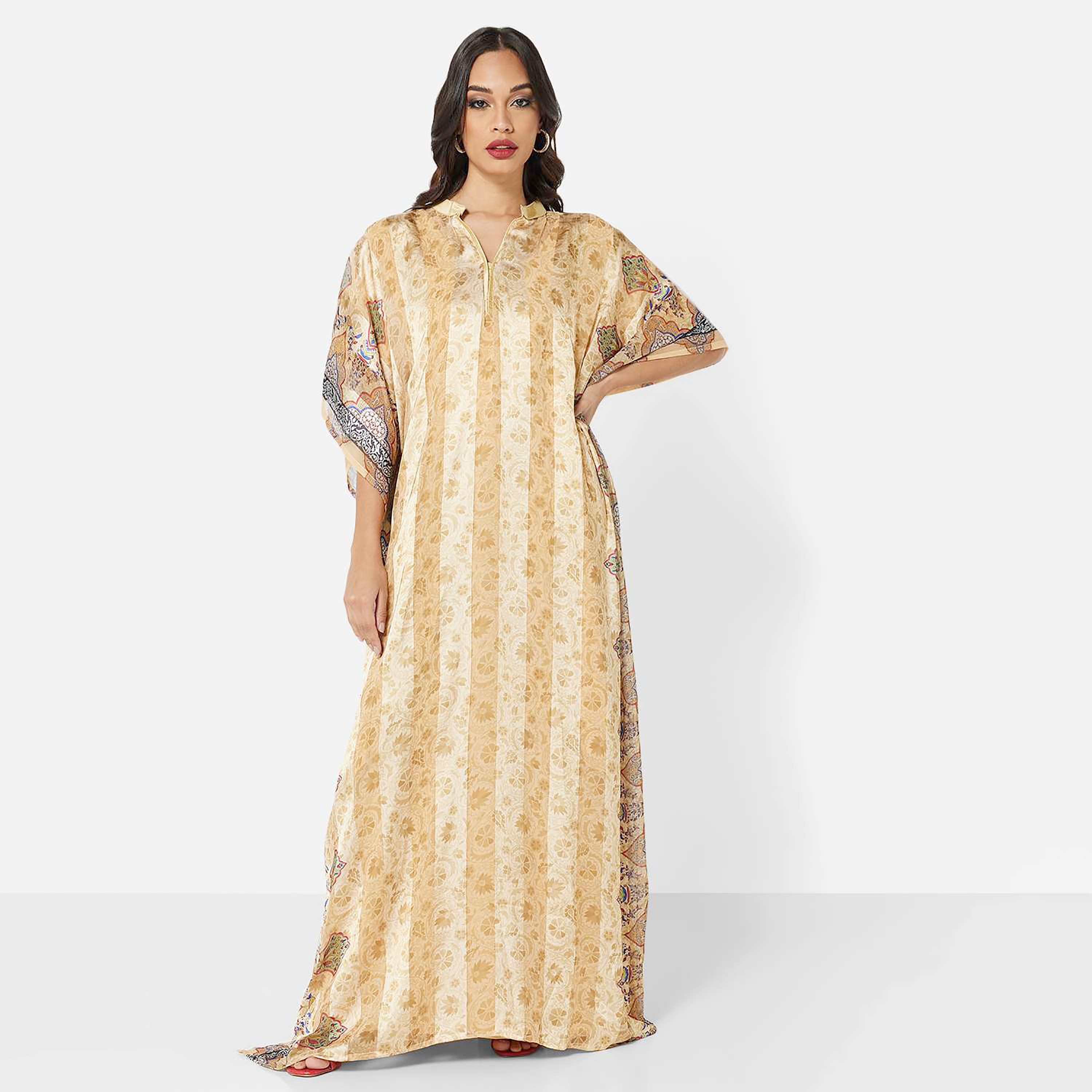 Hana & Sara Brown Printed Collared Neck Flared Sleeves Party Women's Jalabiya-women-arabicclothing-jalabiyas-image-1