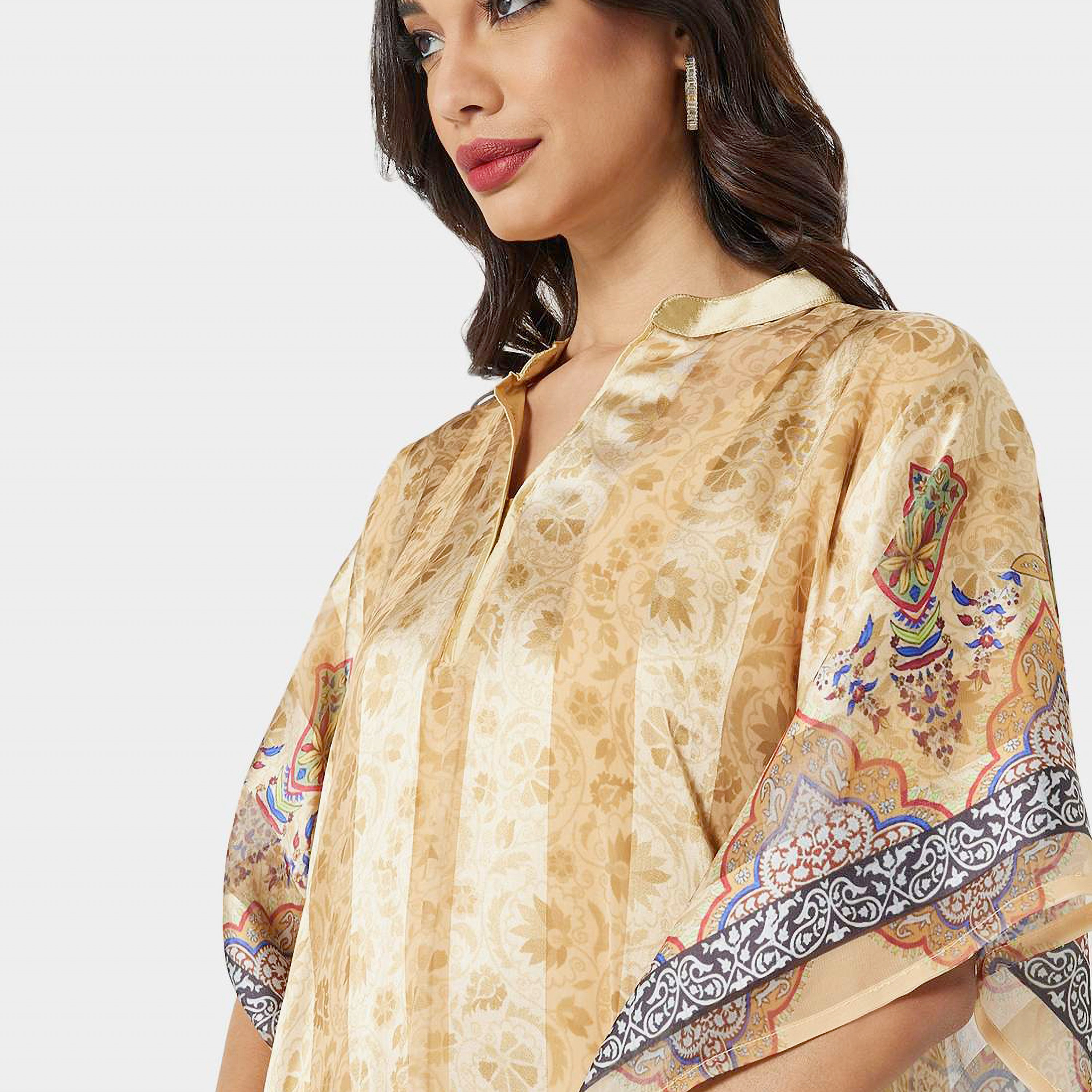 Hana & Sara Brown Printed Collared Neck Flared Sleeves Party Women's Jalabiya-women-arabicclothing-jalabiyas-image-2