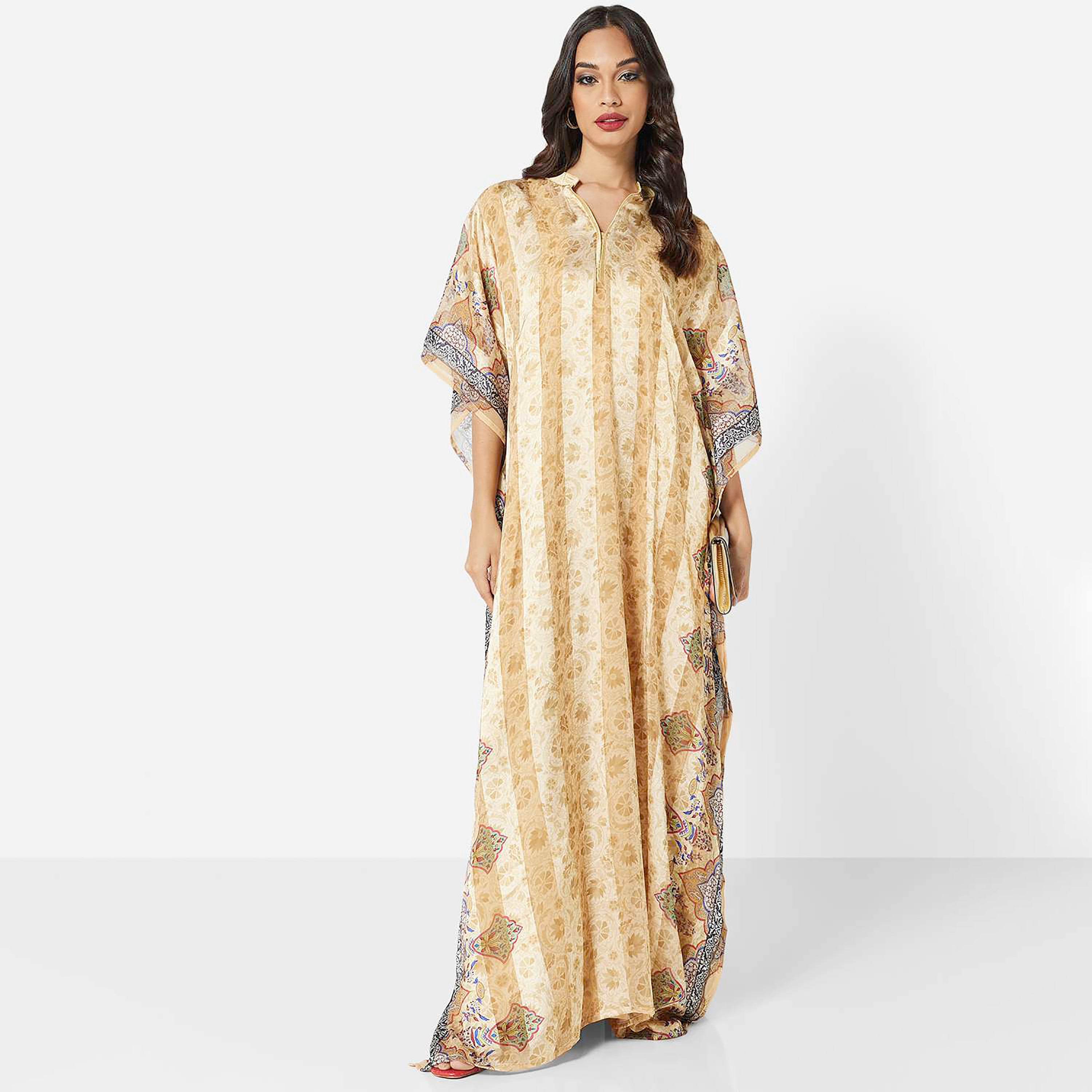 Hana & Sara Brown Printed Collared Neck Flared Sleeves Party Women's Jalabiya-women-arabicclothing-jalabiyas-image-3