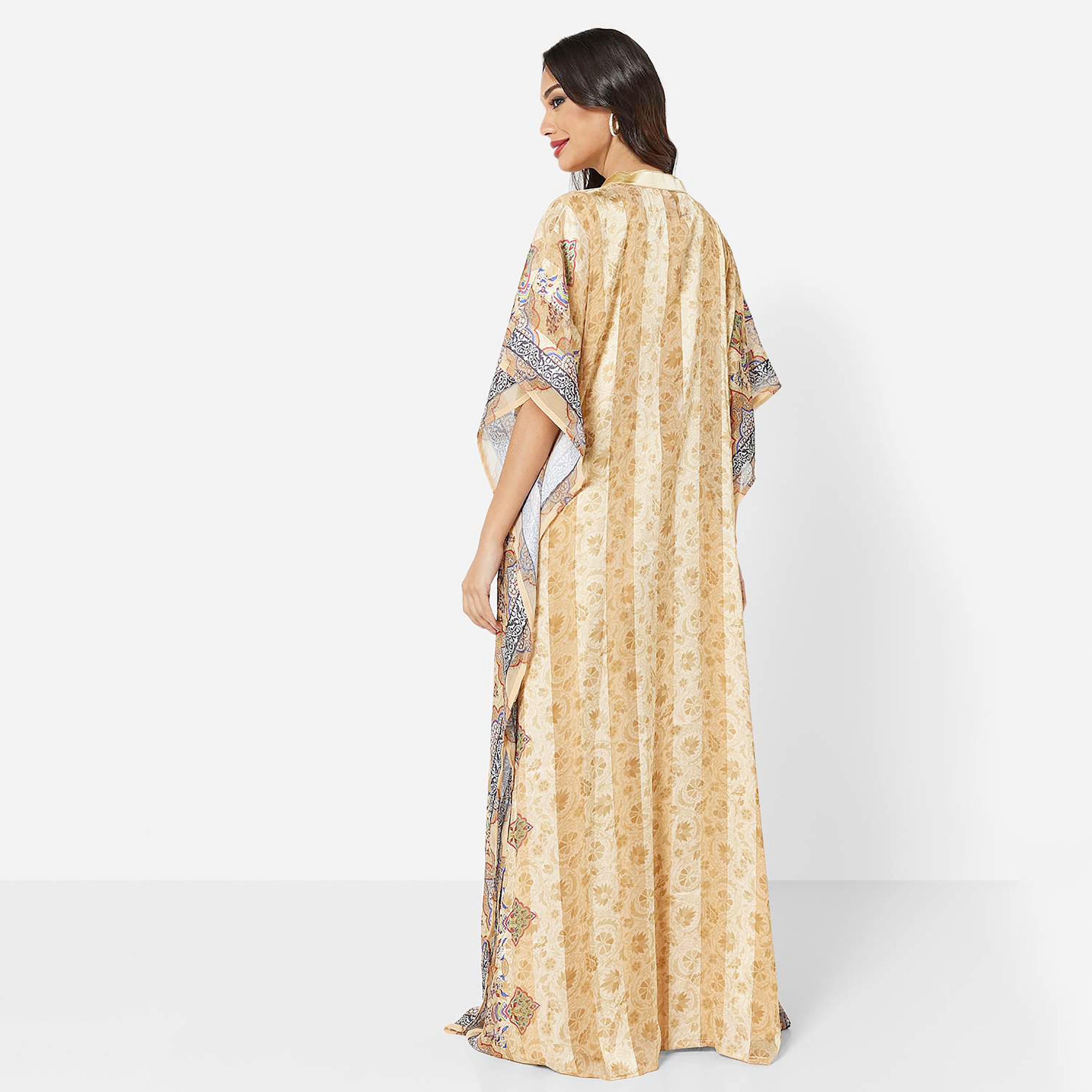 Hana & Sara Brown Printed Collared Neck Flared Sleeves Party Women's Jalabiya-women-arabicclothing-jalabiyas-image-4