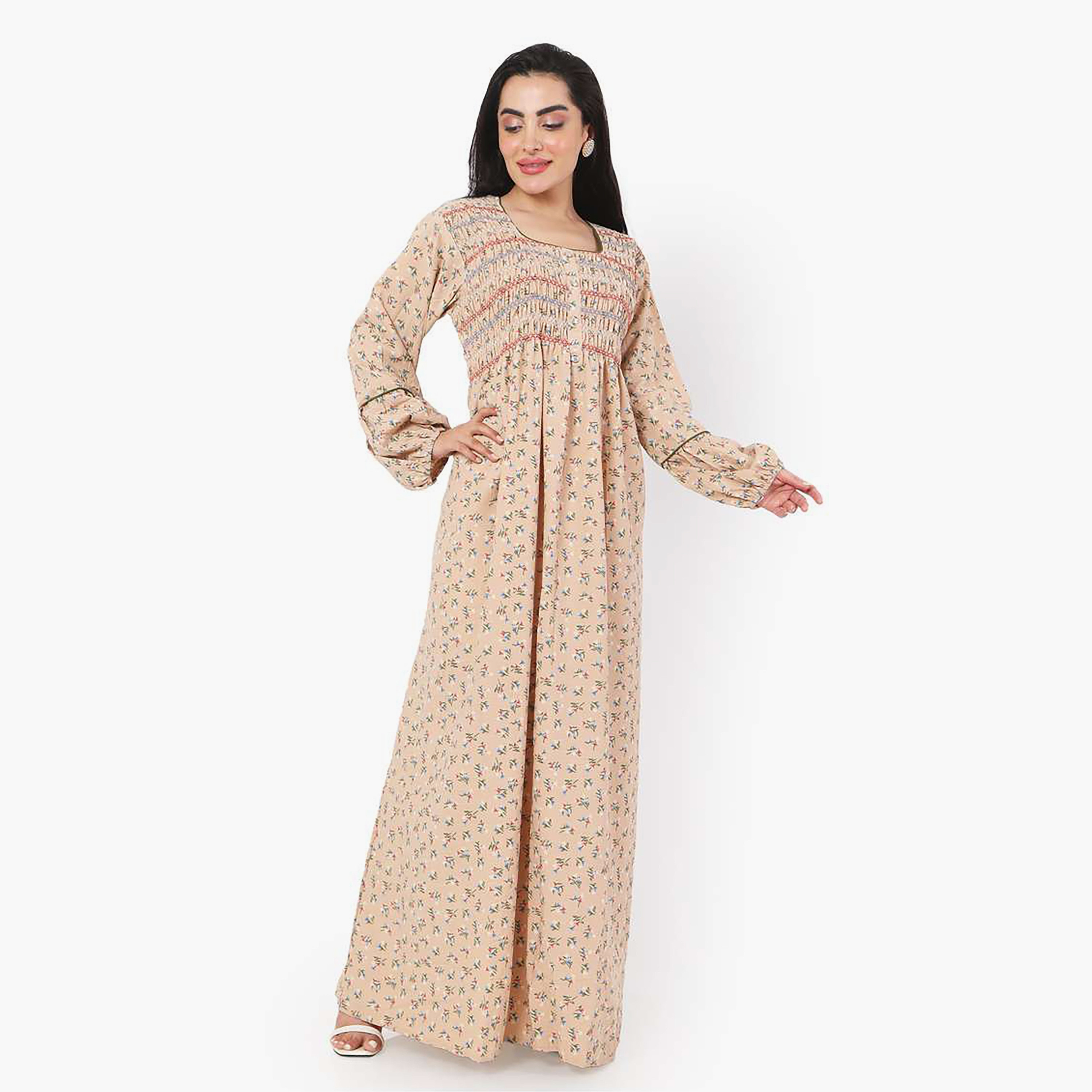 Hana & Sara Beige Floral Print Women's Jalabiya-women-arabicclothing-jalabiyas-image-1