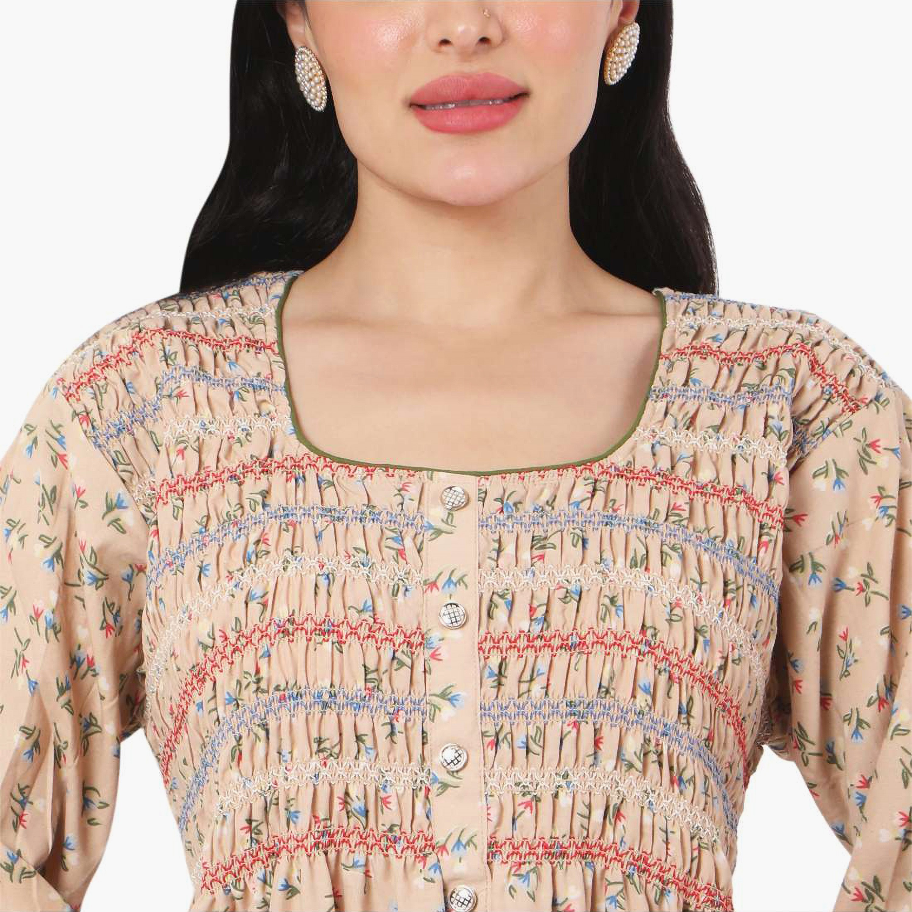 Hana & Sara Beige Floral Print Women's Jalabiya-women-arabicclothing-jalabiyas-image-2
