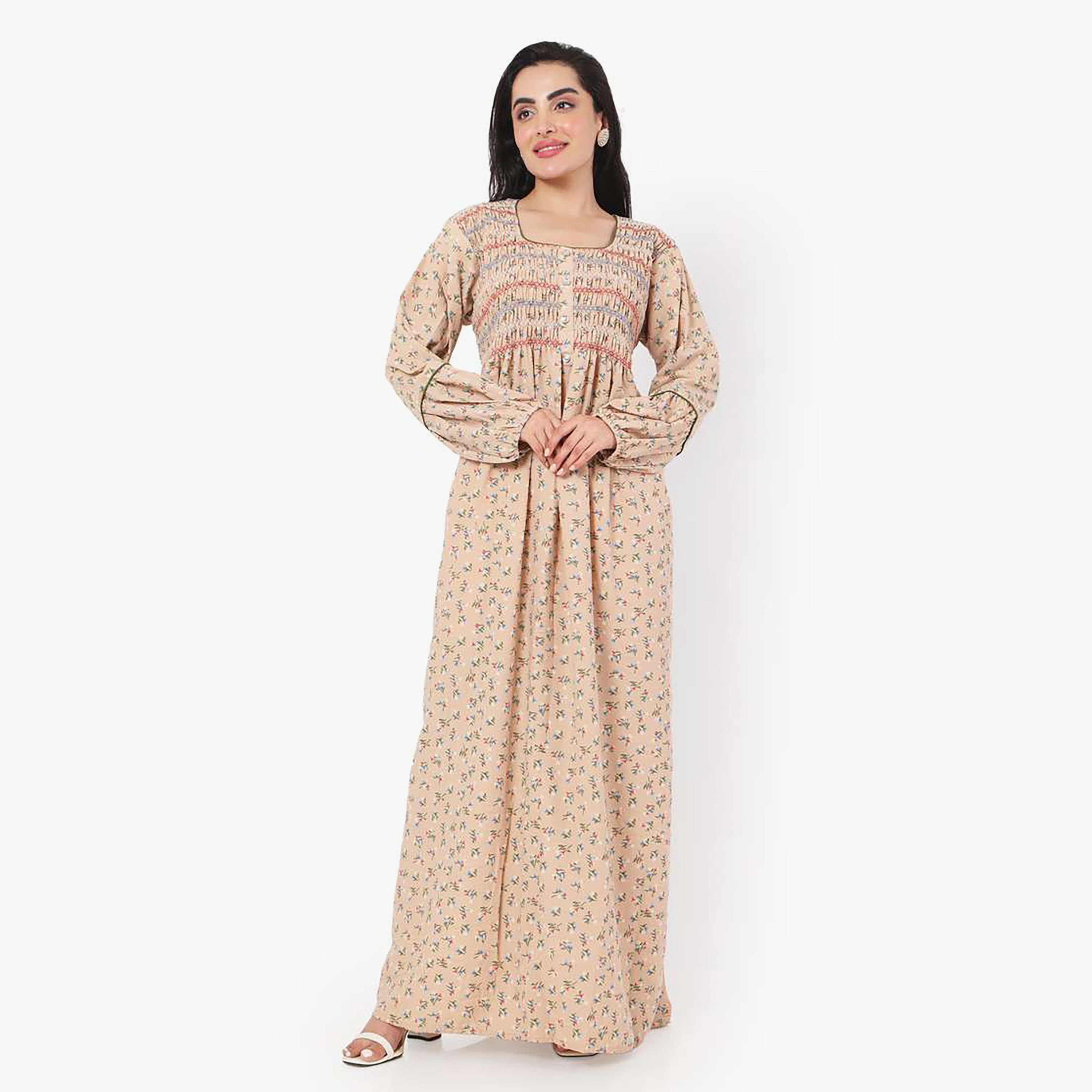 هناء وسارة جلابية نسائية بيج بطبعة زهور-women-arabicclothing-jalabiyas-image-3